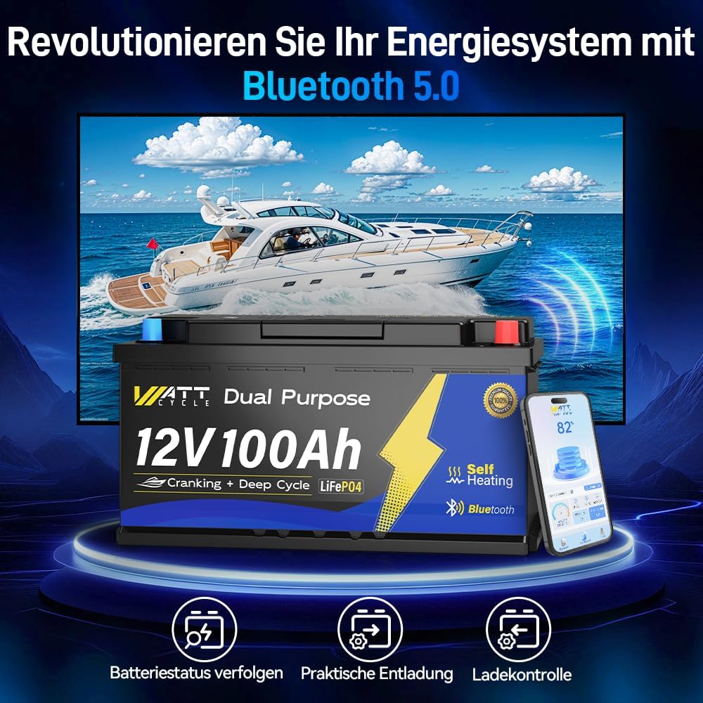 12V 100Ah Dual Purpose Marine Cranking LiFePO4 Lithium Battery Bluetooth 1200CCA / 1500MCA, Starting Lithium Batterys with Self-Heating, Built-in 200A BMS, Perfect for Trolling Motor, Boat