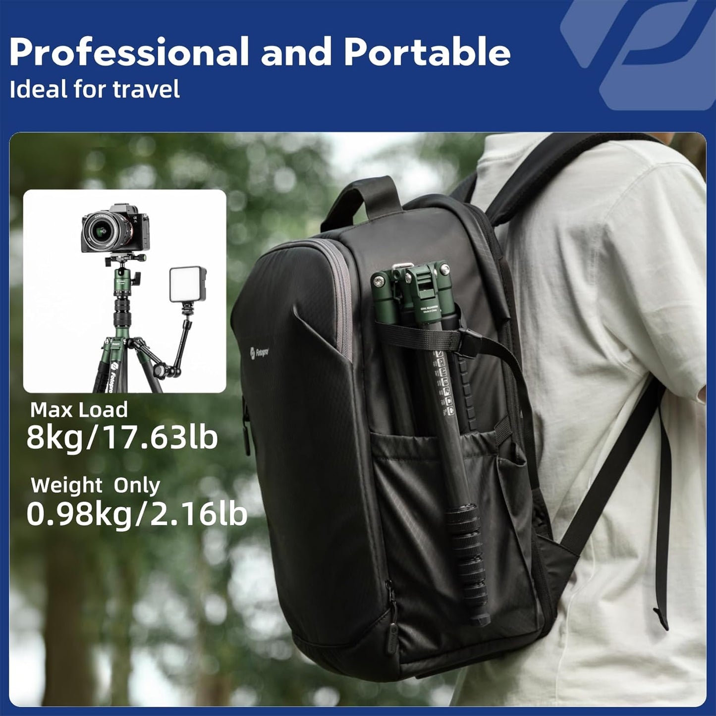 Fotopro 59" Carbon Fiber Travel Tripod, Compact Camera Tripod with Metal Ball Head, Detachable Monopod with Quick Release Plate and Bag, Load up to 8KG/17.63lbs
