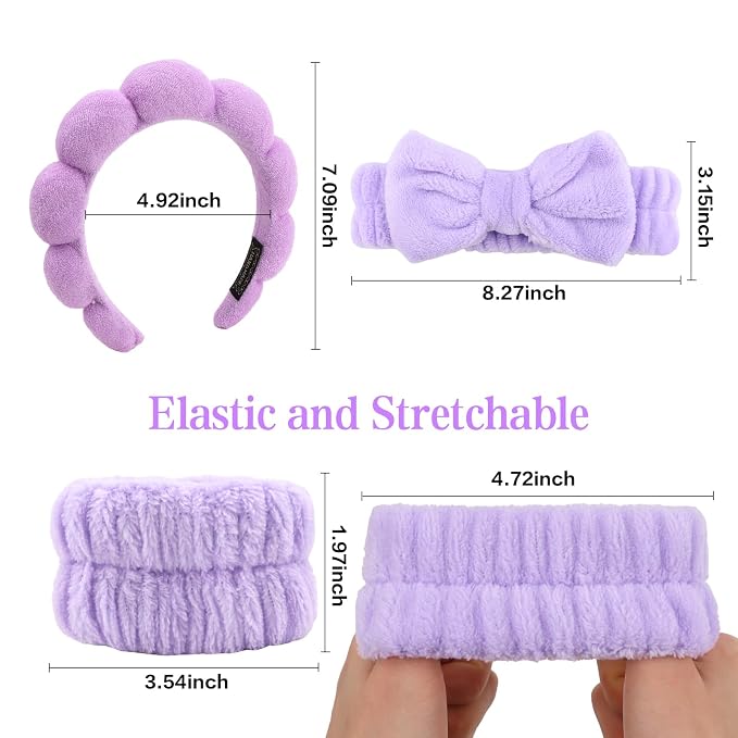 Purple Spa Headband and Wristband Set, Soft Elastic Face Washing Accessories - Image 6