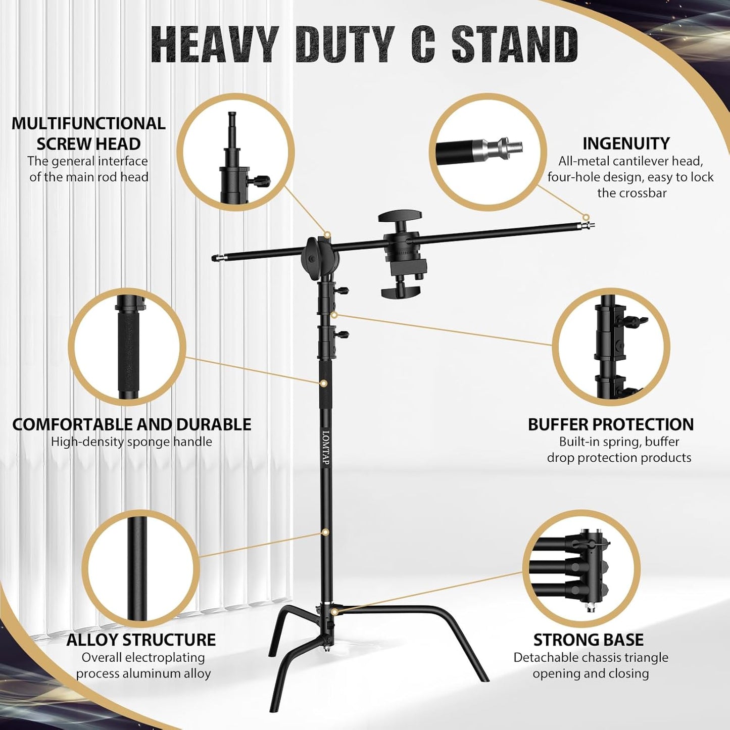 LOMTAP C Stand Light Stand Stainless Metal Photography Kit - Heavy Duty 10.8ft/330cm Vertical Pole, 4.2ft/128cm Boom Arm, Adjustable Base, Water Sandbag, 2 Grip Heads, 3 Clips for Softbox, Reflector