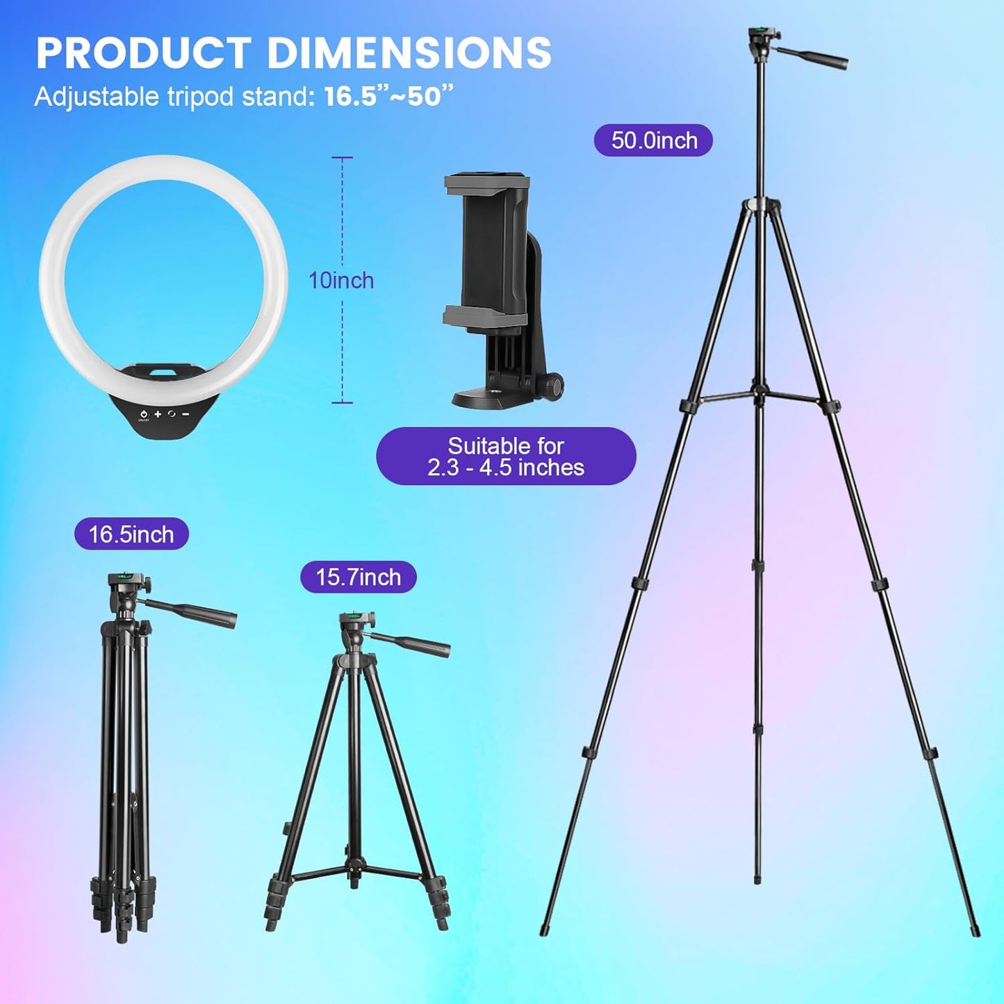 Sensyne 10'' RGB Ring Light with 50'' Extendable Tripod Stand, Circle Lights with Phone Holder for Live Stream/Makeup/YouTube Video/TikTok, Compatible with All Phones