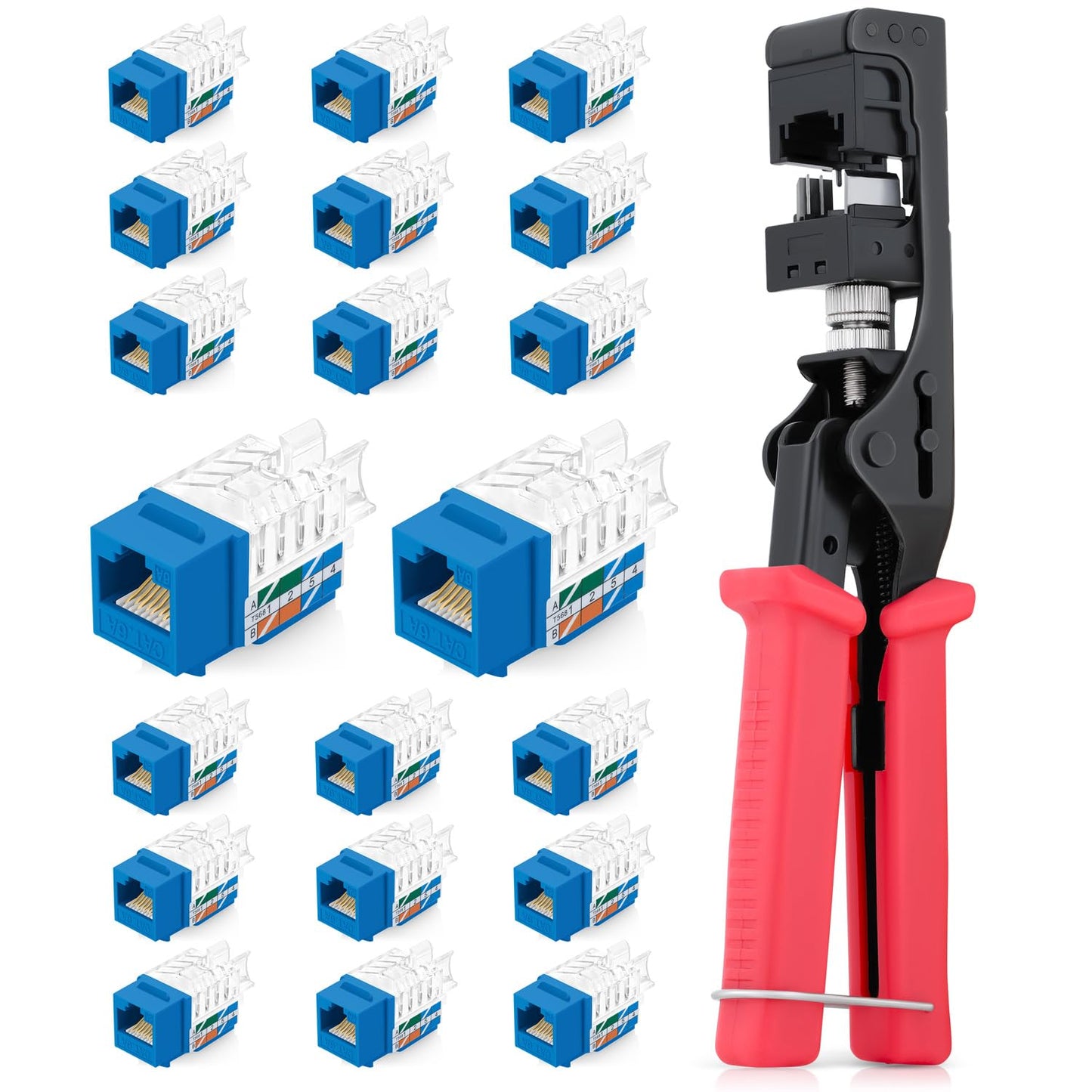 Everest easyJACK - 45° Angled Speed Termination Keystone Tool Set - with 20-Pack of RJ45 Cat6A Keystone Jacks in White (Slim Profile Design) - Time Saver Network Punch Down Tool Cat6A