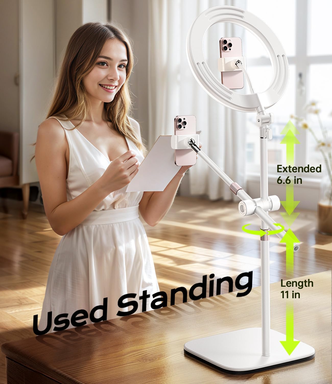 Overhead-Phone-Mount,Stable Overhead-Camera-Mount-Stand [Anti-Shaking] with 10.5" Ring Light, Flexible Desk-Stand for iPhone with Ring-Light for Video-Recording,Zoom Meeting,YouTube,TikTok, White