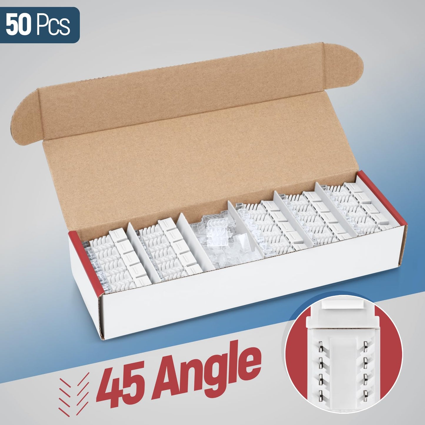 Everest 45° Angled RJ45 Cat6 Keystone Jacks 50-Pack in White - Slim Profile Female RJ45 Connectors - Cat 6 Keystone Jack - Compatible with 45° Angled Speed Termination Tool - 45Term (B0BL3GS7ZY)