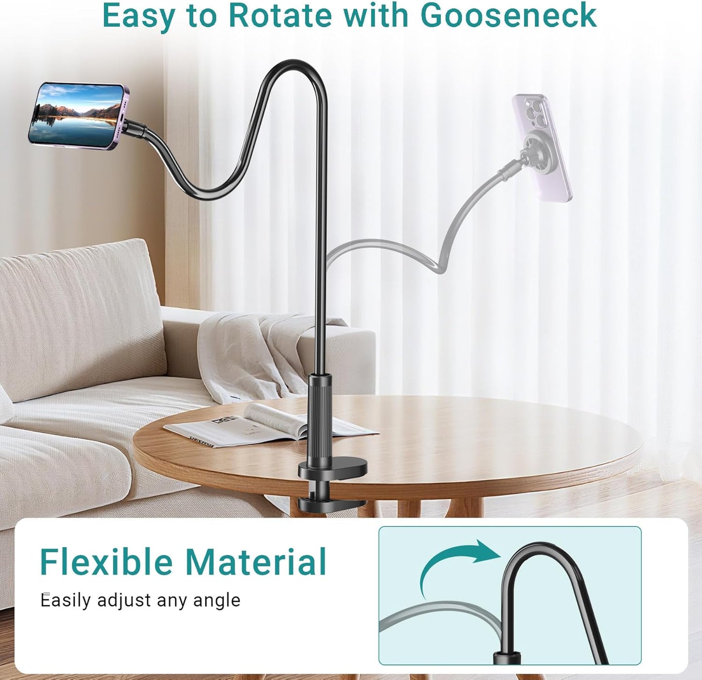 Gooseneck Phone Holder for Bed, Magnetic Cell Phone Stand for iPhone 16 15 14 13 12 Pro Max Plus Mini, Flexible Long Arm Mount 360 Adjustable for Desk Bedside Filming