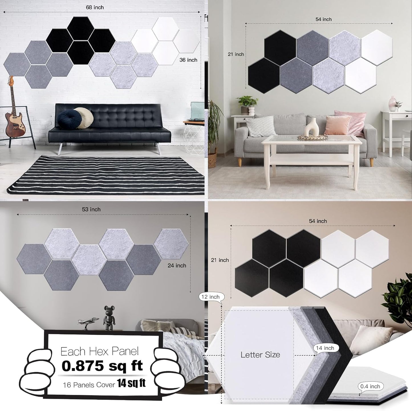 Mollywell Hexagon Acoustic Panels, High Density, Soundproofing, Decorative Noise Reduction Felt Wall Tiles for Studio, Office, Home (Silver Gray, Moon Gray, Black, White), 14x12x0.4 Inch