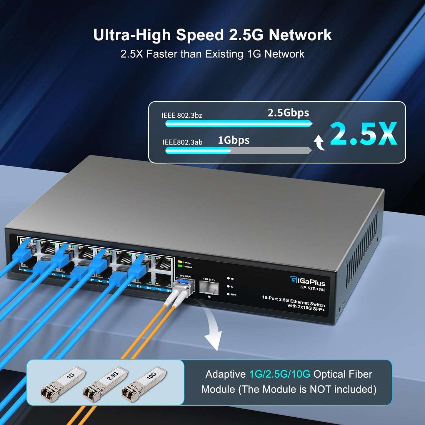 18 Port 2.5Gb Unmanaged Ethernet Switch with 16* 2.5G Base-T Ports, 2* 10G SFP+ Ports. GiGaPlus 2.5Gbps Network Switch for 2.5Gbps NAS/PC, Wireless AP, WiFi6 Router. Plug and Play, Fanless Design.