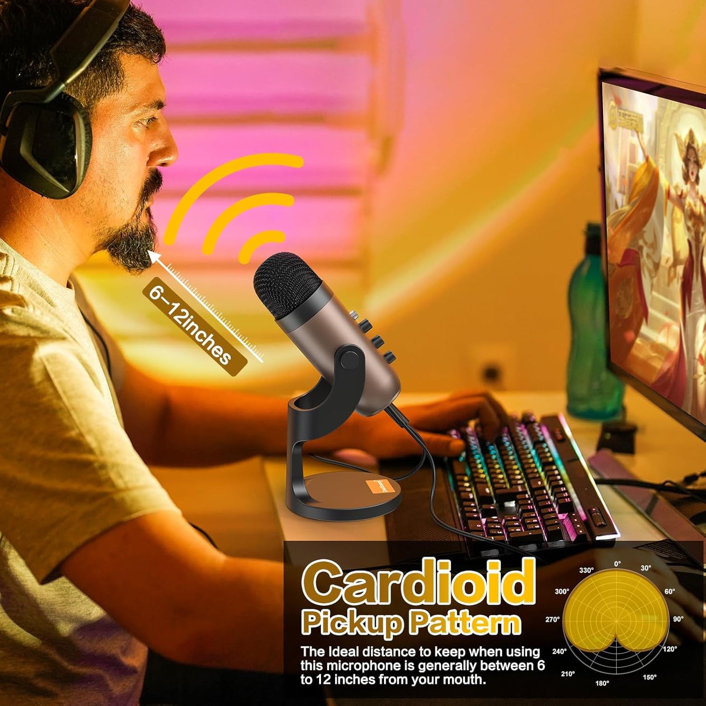 ZealSound USB Microphone,Condenser Computer PC Mic,Plug&Play Gaming Microphones for PS 4&5.Headphone Output&Volume Control,Mic Gain Control,Mute Button for Vocal,YouTube Podcast on Mac&Windows(Gold)