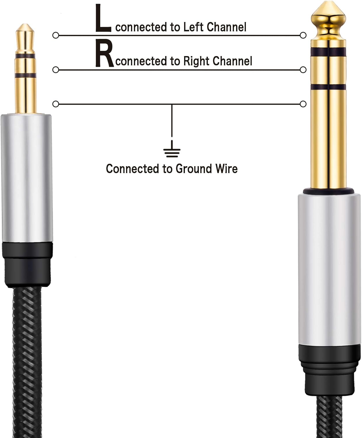 3.5 mm to 6.35 mm Audio Cable 12Ft, Gold-Plated Terminal Silver Color Zinc Alloy Housing 3.5mm 1/8" Male TRS to 6.35mm 1/4" Male TRS Nylon Braided Stereo Audio Cable for Cellphone, Amplifiers(12Ft/4M)