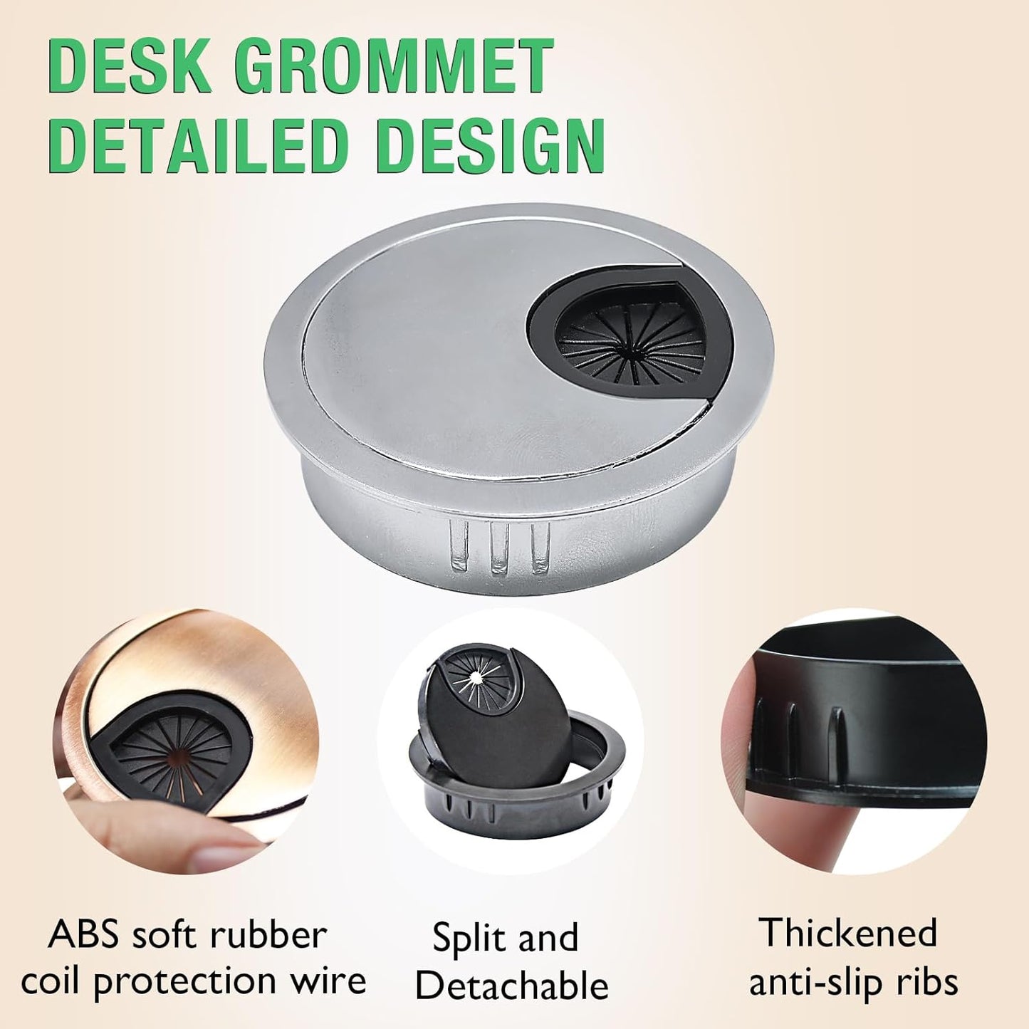 1 Pcs Desk Grommet 2" / 50 mm, Desk Cord Hole Cover, Cable Grommet Metal Zinc Alloy Materilal, Desk Hole Grommet for Home & Office Pc, Detachable Cable Cord Organizer-Brushed Silver