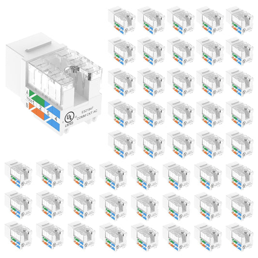 VCE Cat6 RJ45 Keystone Jacks UL Listed 50-Pack, Punch Down Ethernet Wall Jack 90-Degree Adapter in White with 1-Pack Wire Stripper Cutter