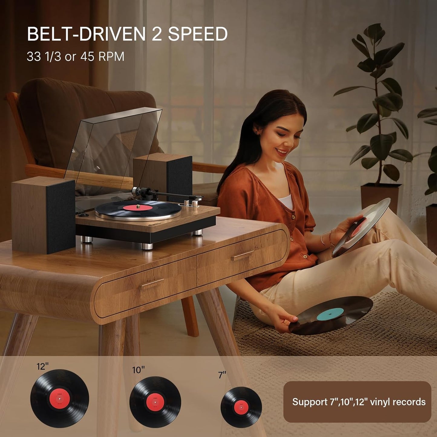 Wohome Vinyl Record Player with 66 Watt External Bookshelf Speakers, High Fidelity System Vintage Turntables for Vinyl Records with Magnetic Cartridge, Bluetooth Playback, RCA line Out and Auto Off