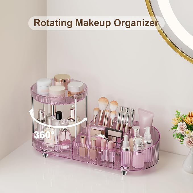 360 Rotating Vanity Makeup Organizer, 2 Small Trays & 5 Compartments - Image 2