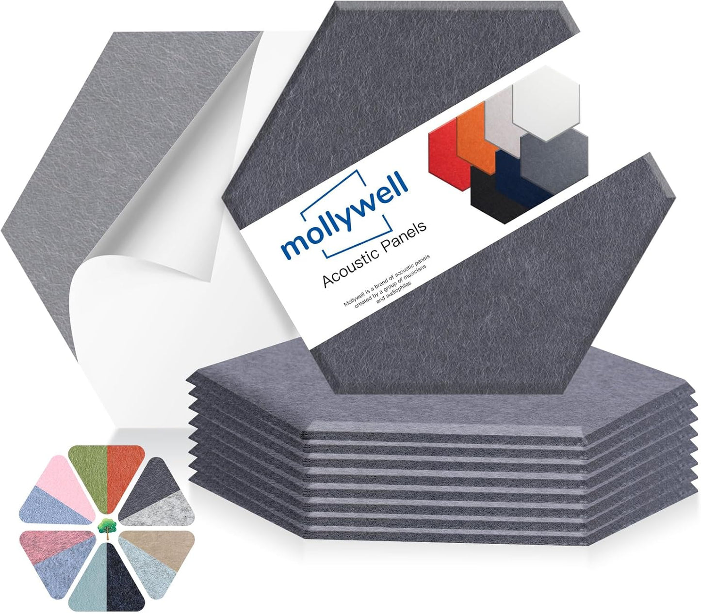 Mollywell Hexagon Acoustic Panels, High Density, Soundproofing, Decorative Noise Reduction Felt Wall Tiles for Ceilings, Home Office & Gaming Room (Moon Gray), 14x12x0.4 Inch