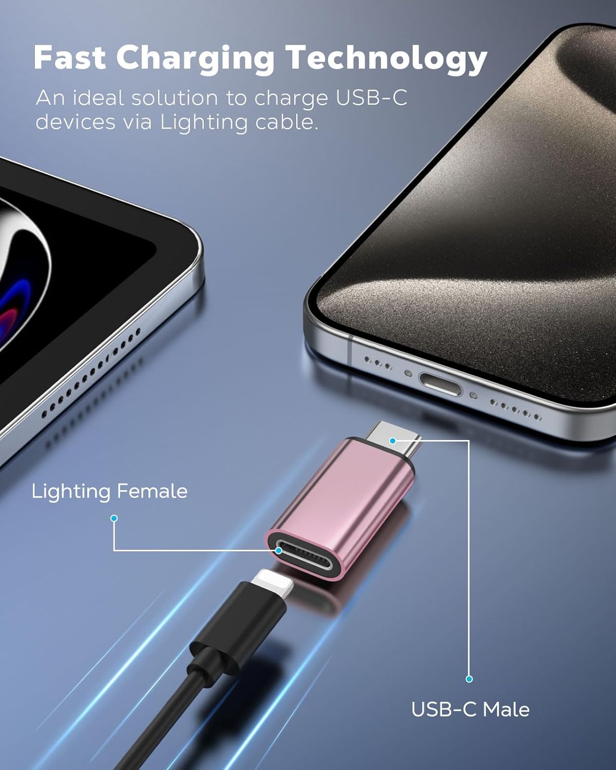 MoKo Lightning to USB C Adapter 2Pack, NOT for Lightning Earbuds/Headphones/OTG, USB-C to Lightning Adapter for iPhone Air 17 16 15 Pro Max Plus,iPad Pro/Air,Galaxy,ONLY for Charging/Data Sync, Pink