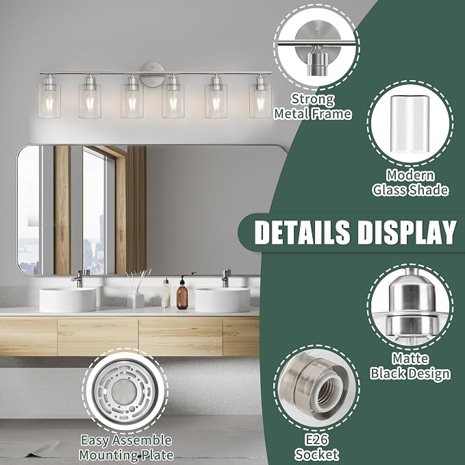 Espird Bathroom Vanity Light Fixtures Brushed Nickel, 6 Lights Bathroom Over - Image 4