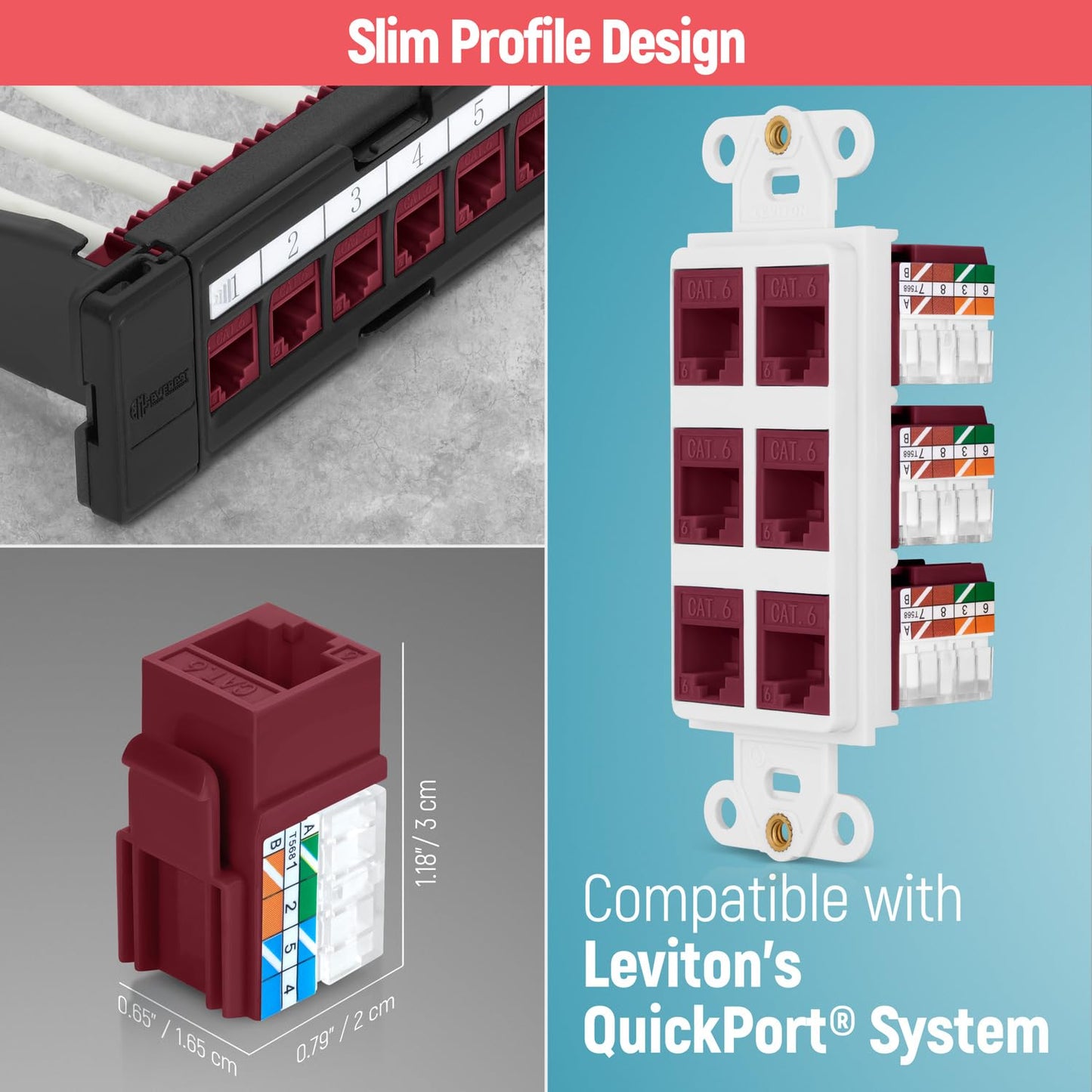 Everest 90° Angled RJ45 Cat6 Keystone Jacks 100-Pack in Red - Slim Profile Female RJ45 Connectors - Cat 6 Keystone Jack - Compatible with 90° Angled Speed Termination Tool - easyJACK (B094WB91H3)