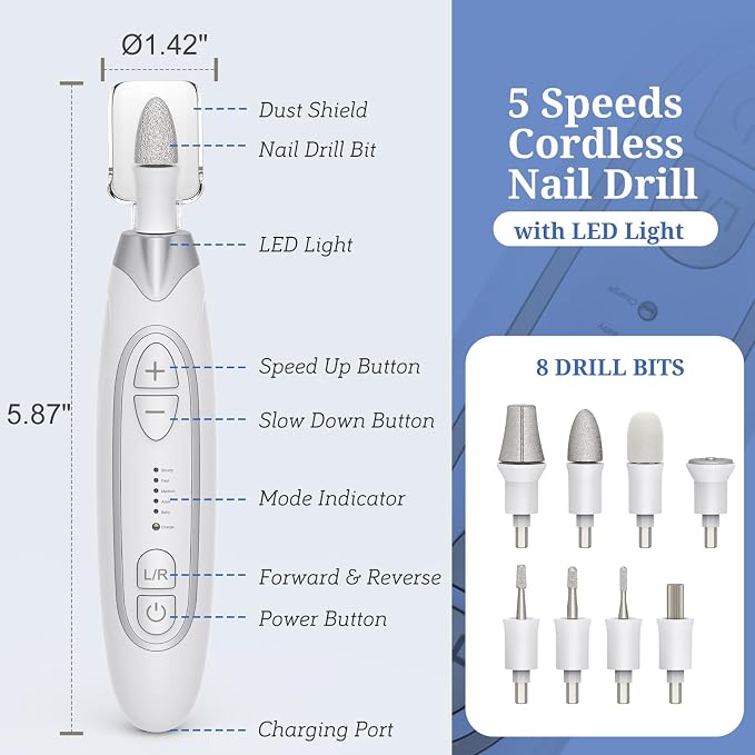 PELCAS Electric Nail File, 5 Speeds Manicure and Pedicure Kit, Cordless Nail - Image 5