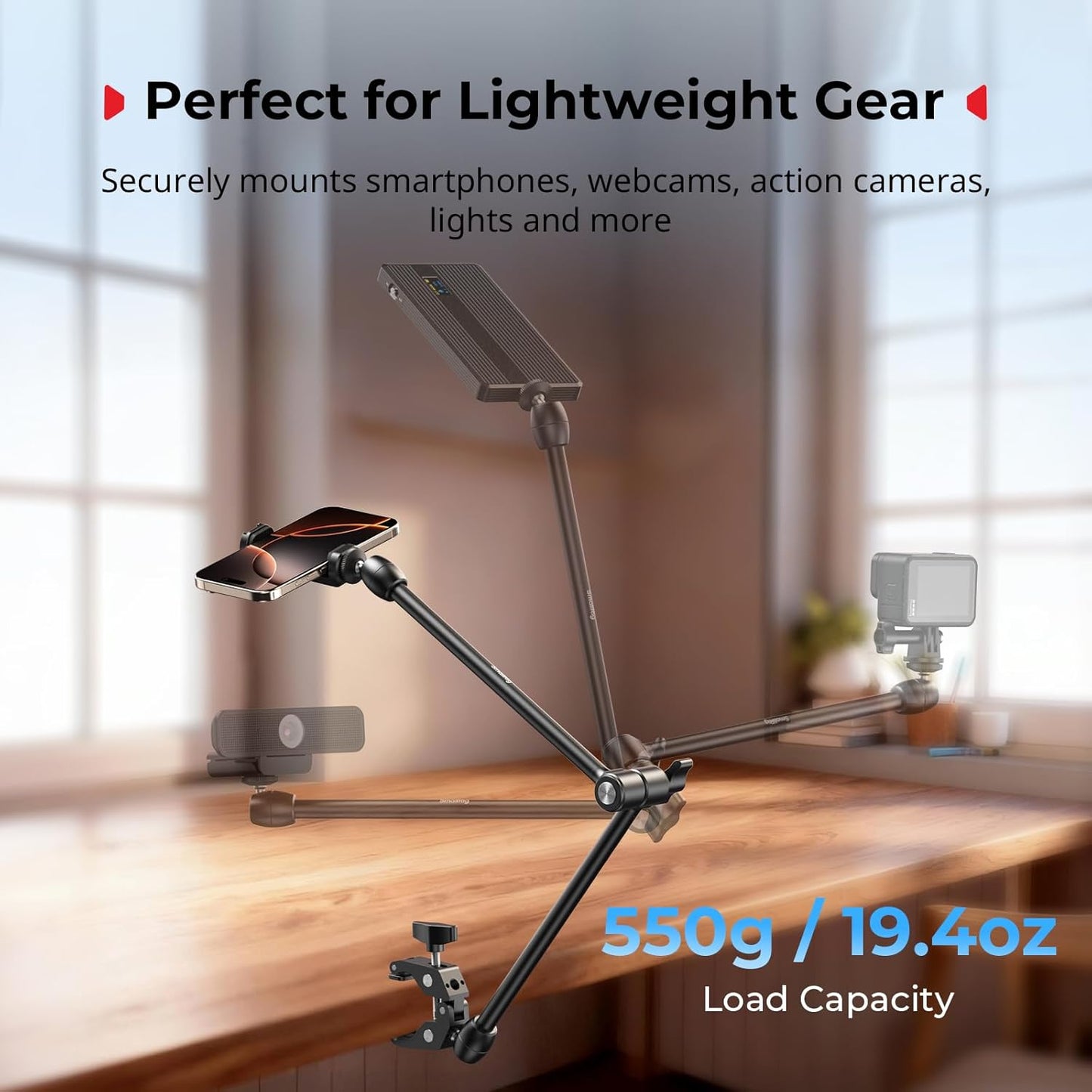 SMALLRIG Desktop Magic Arm Support with Crab-Shaped Clamp Kit, Aluminum Alloy, 24.3x4.5x1.1 in, 0.6lb Payload, for Smartphones, Webcams, Action Cameras, 5624