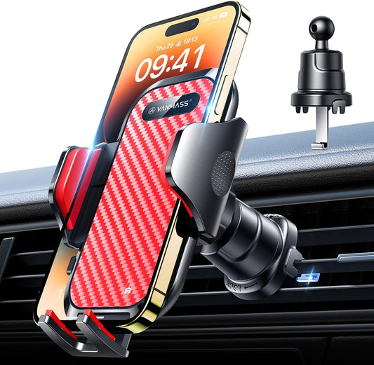 VANMASS Car Phone Holder Mount 2025 Upgraded [Patent Steel-Hook] Car Vent Phone Mount Clip Military-Grade Shockproof Cell Phone Car Mount Handsfree Truck Stand Vent Cradle for iPhone 16 Android,Red
