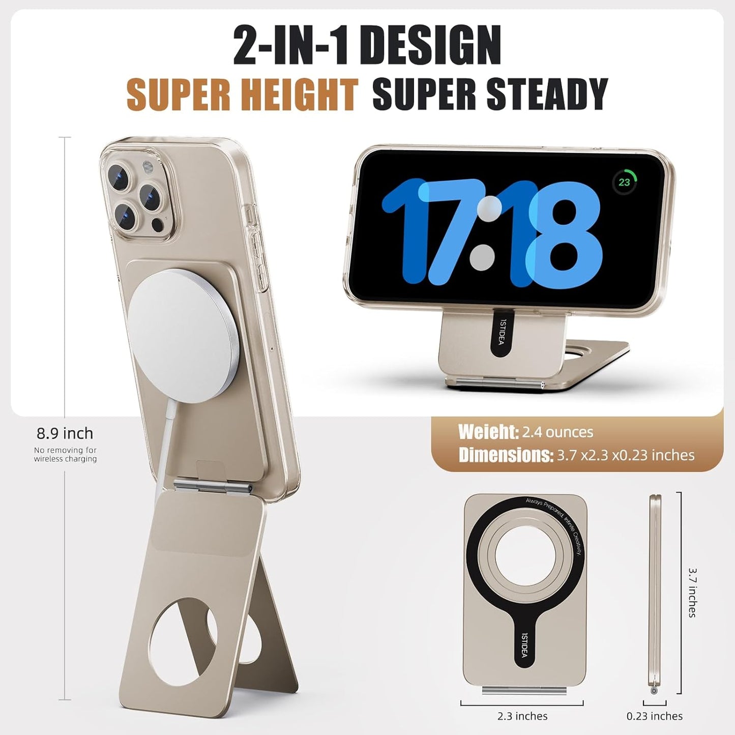 Phone Tripod Stand, Aluminum Alloy Mini Tripod Compatible with Magsafe iPhone 16/15/14/13/12 Series, Foldable Strong Magnetic Phone Stand, Mult-Angle Adjustment Selfie Stick（Desert Gold）