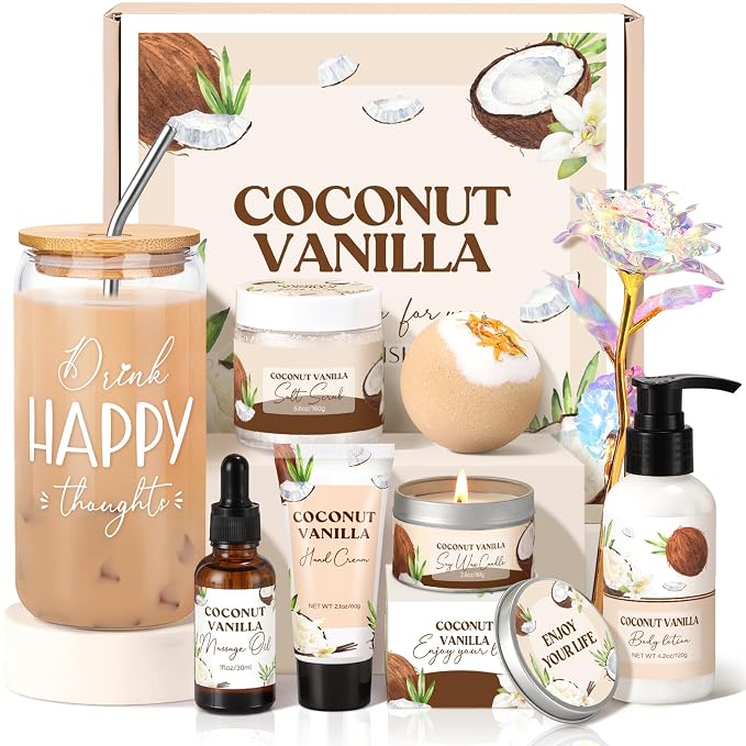 Mothers Day Gifts for Mom, Spa Gift Baskets for Women, Vanilla Coconut Bath and by GiftPeak