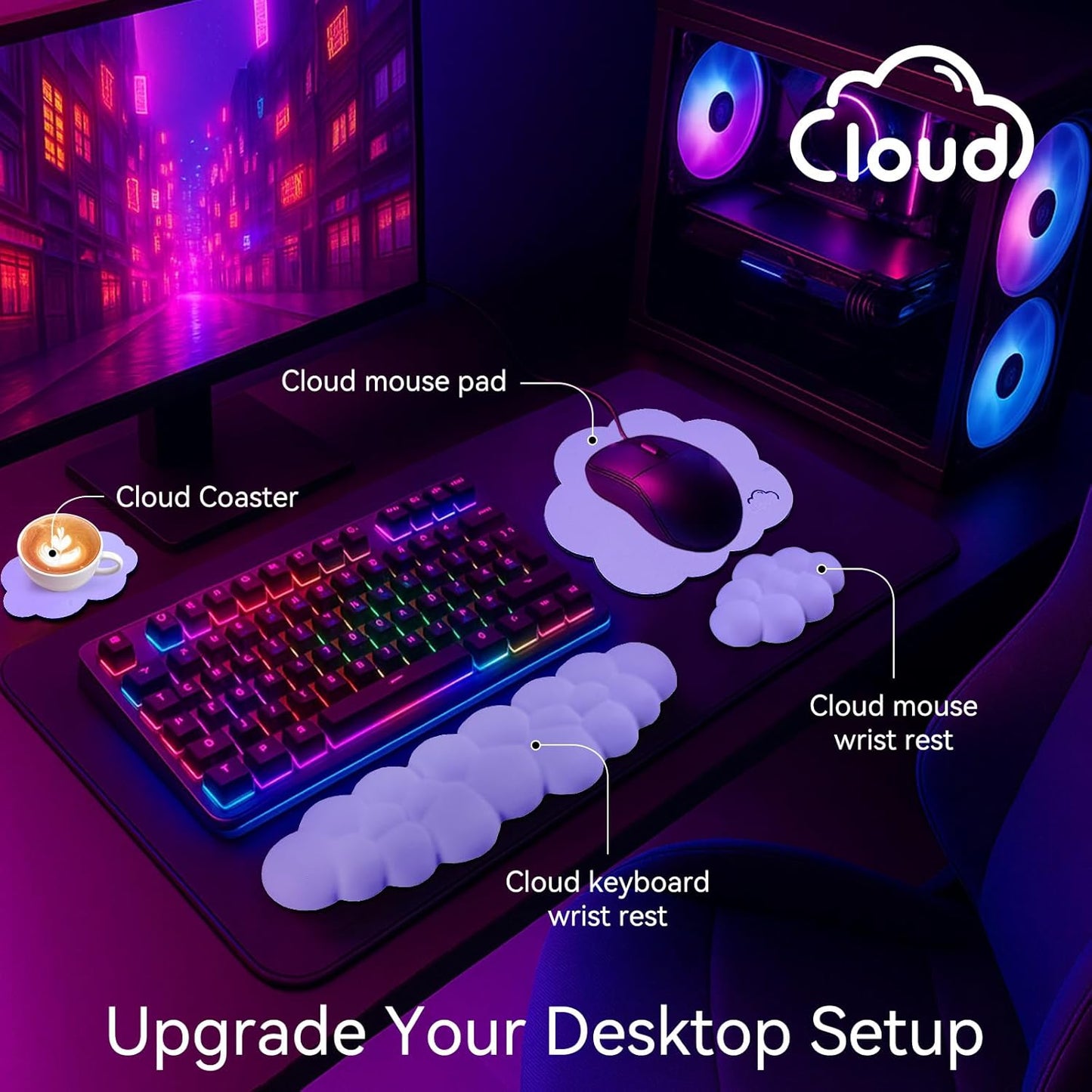 Cloud Wrist Rest for Computer Keyboard, 4-in-1 Memory Foam Leather Cloud Keyboard Wrist Rest and Mouse Pad Set with Ergonomic Support for Arm and Palm Cushion, Gaming/Work Setup, Purple