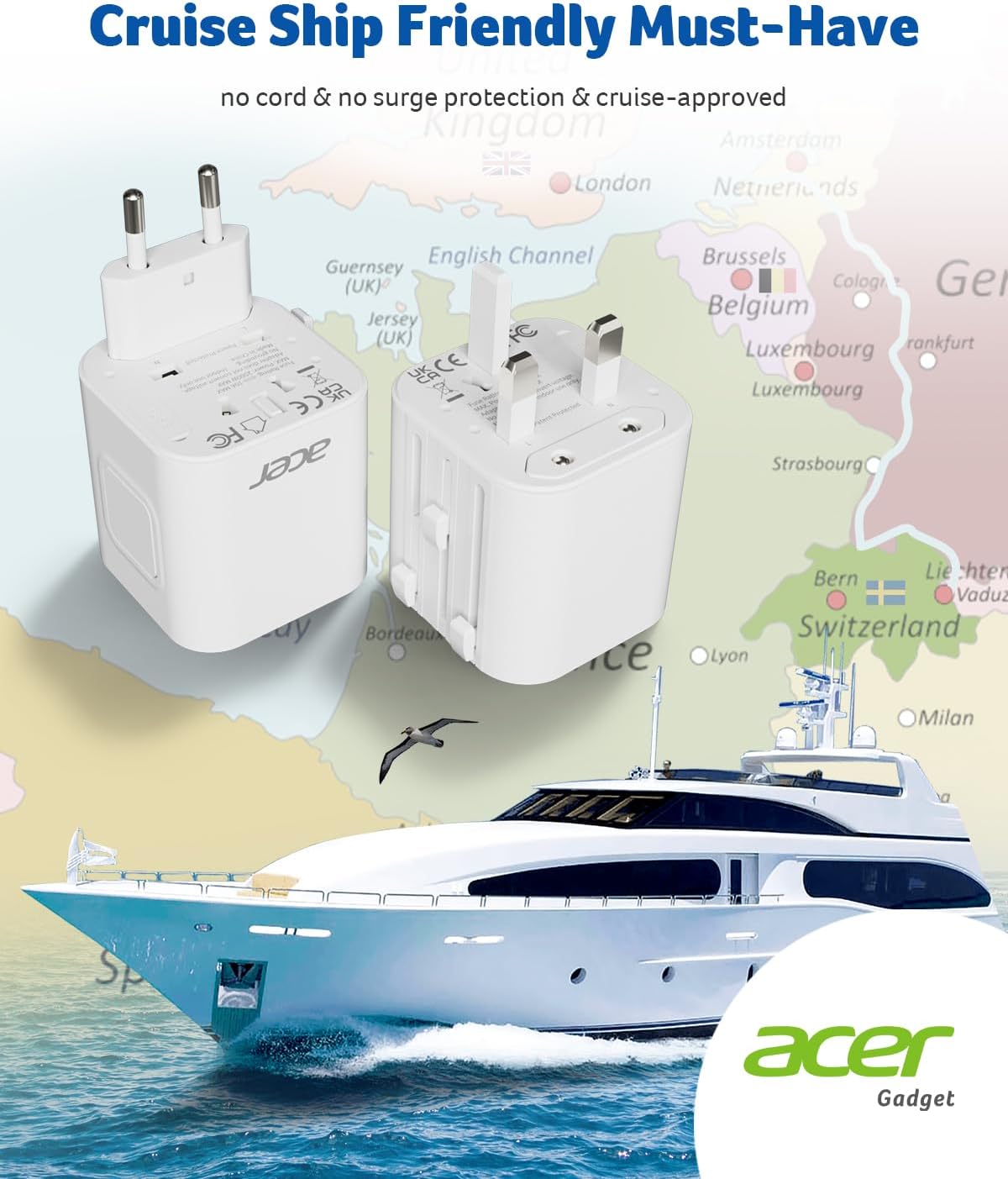 Acer US to Europe Plug Adapter, Universal Travel Adapter, International Power Adapter for USA to Europe UK France Germany Spain Ireland Australia (Type C/G/A/I),White