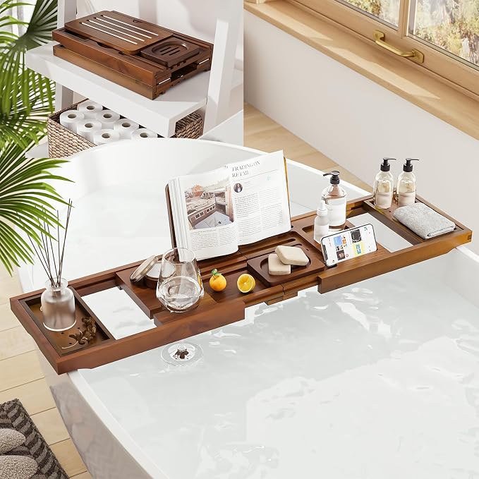 Premium Foldable Teak Bathtub Tray, Expandable Bath Tray - Image 2