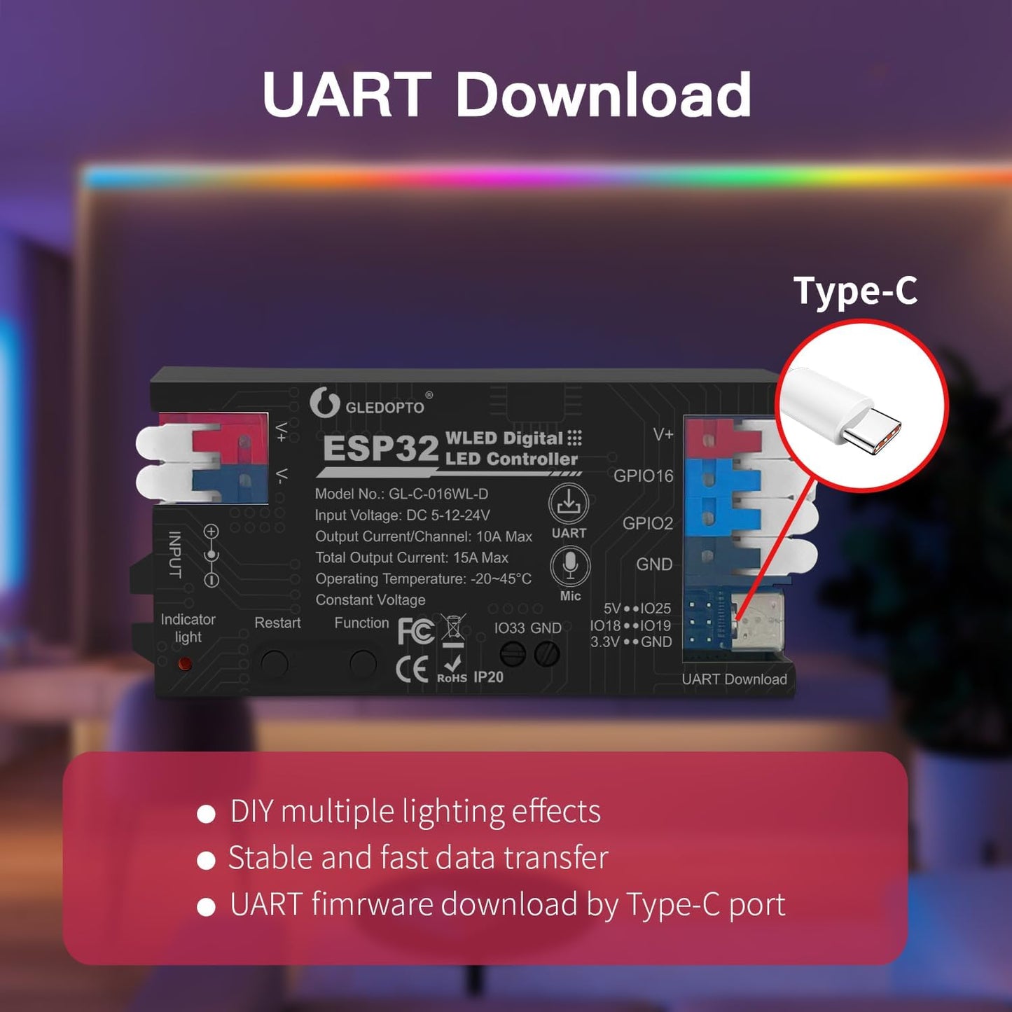 ESP32 WLED LED Strip Light Controller 15A Fuse Link Built in Mic UART Type-C Energy Saving Relay App Control Wago Wiring for RGB IC Addressable Digital WS2811 WS2812 SK6812 TM1814 WS2813 WS2815 etc