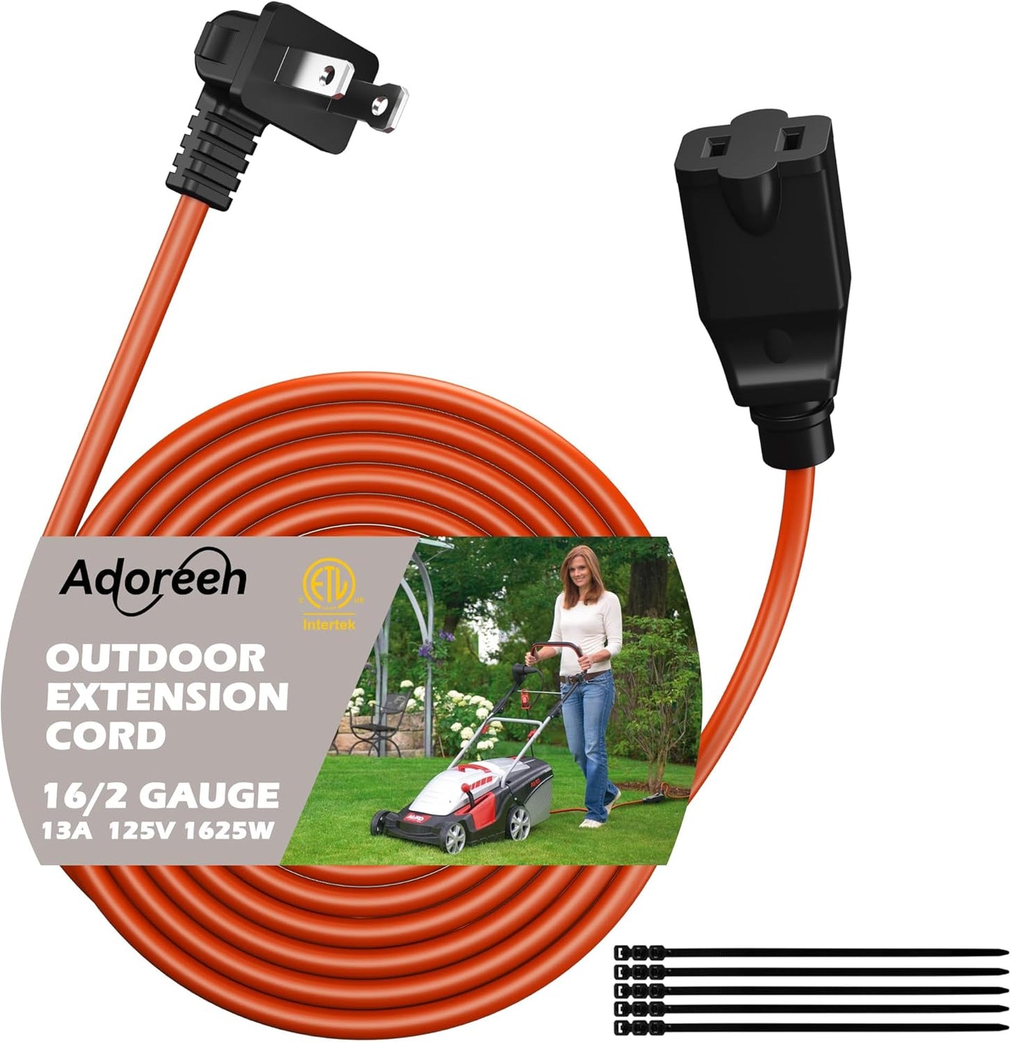 90 Degree 2 Prong Polarized Outdoor Power Extension Cord 25 FT, Angled Low-Profile Plug, 16 Gauge 125V SJTW Waterproof Long Cable for Home Office Lawnmower Garden Tools Lights, ETL+Ties-Bright Orange
