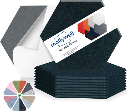 Mollywell Hexagon Acoustic Panels, High Density, Soundproofing, Decorative Noise Reduction Felt Wall Tiles for Ceilings, Home Office & Gaming Room (Dark Green), 14x12x0.4 Inch