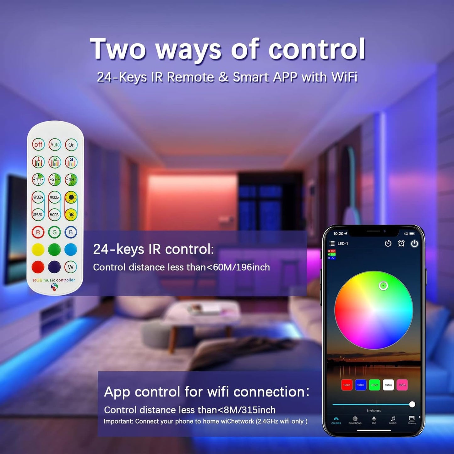RGBZONE 2.4GHz WiFi LED Controller, IR Wireless Remote Control, 2-Ports Smart 4-PIN RGB LED Controller, Music Sync, for SMD 5050 3528 LED Light Strips(2 Ports)