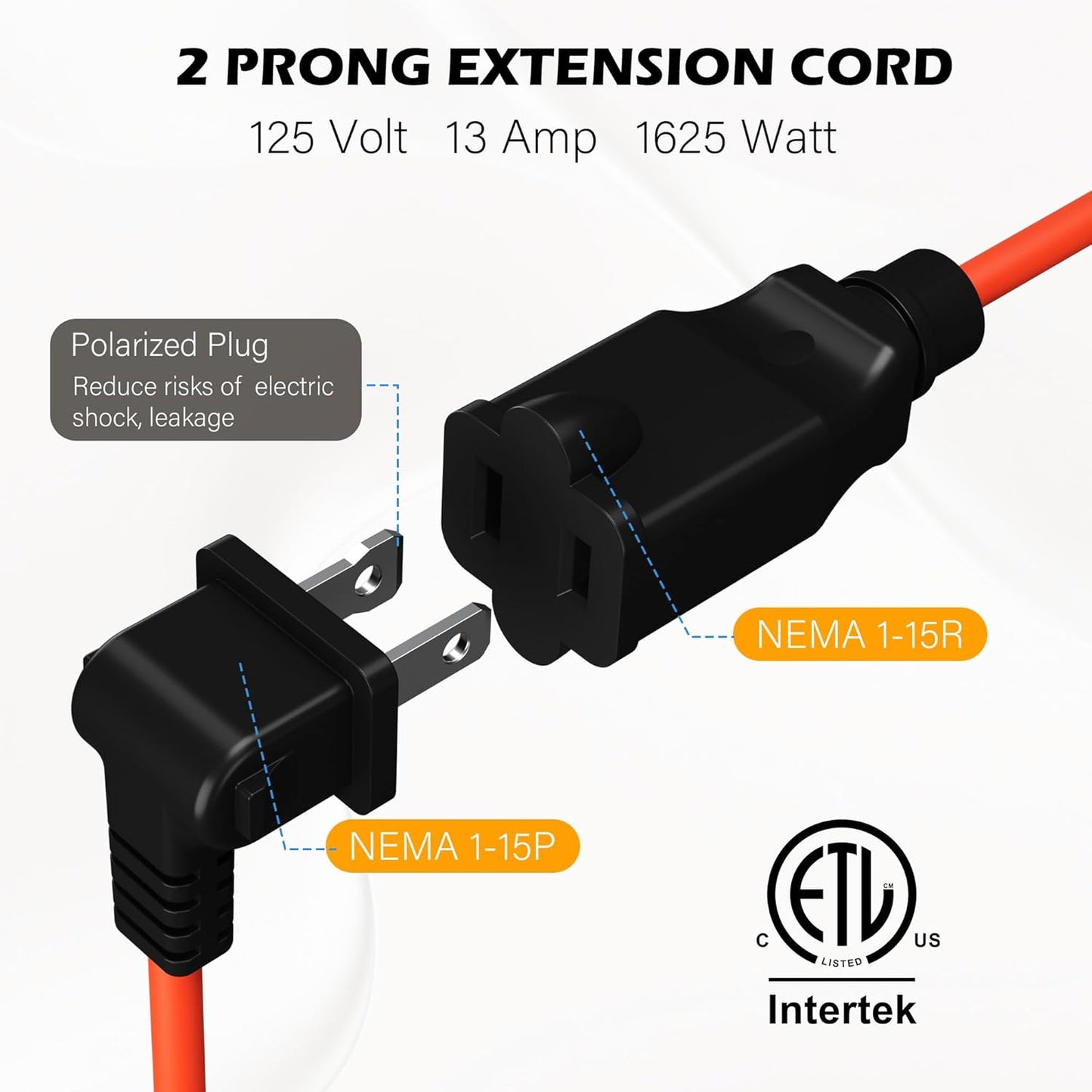 90 Degree 2 Prong Polarized Outdoor Power Extension Cord 25 FT, Angled Low-Profile Plug, 16 Gauge 125V SJTW Waterproof Long Cable for Home Office Lawnmower Garden Tools Lights, ETL+Ties-Bright Orange