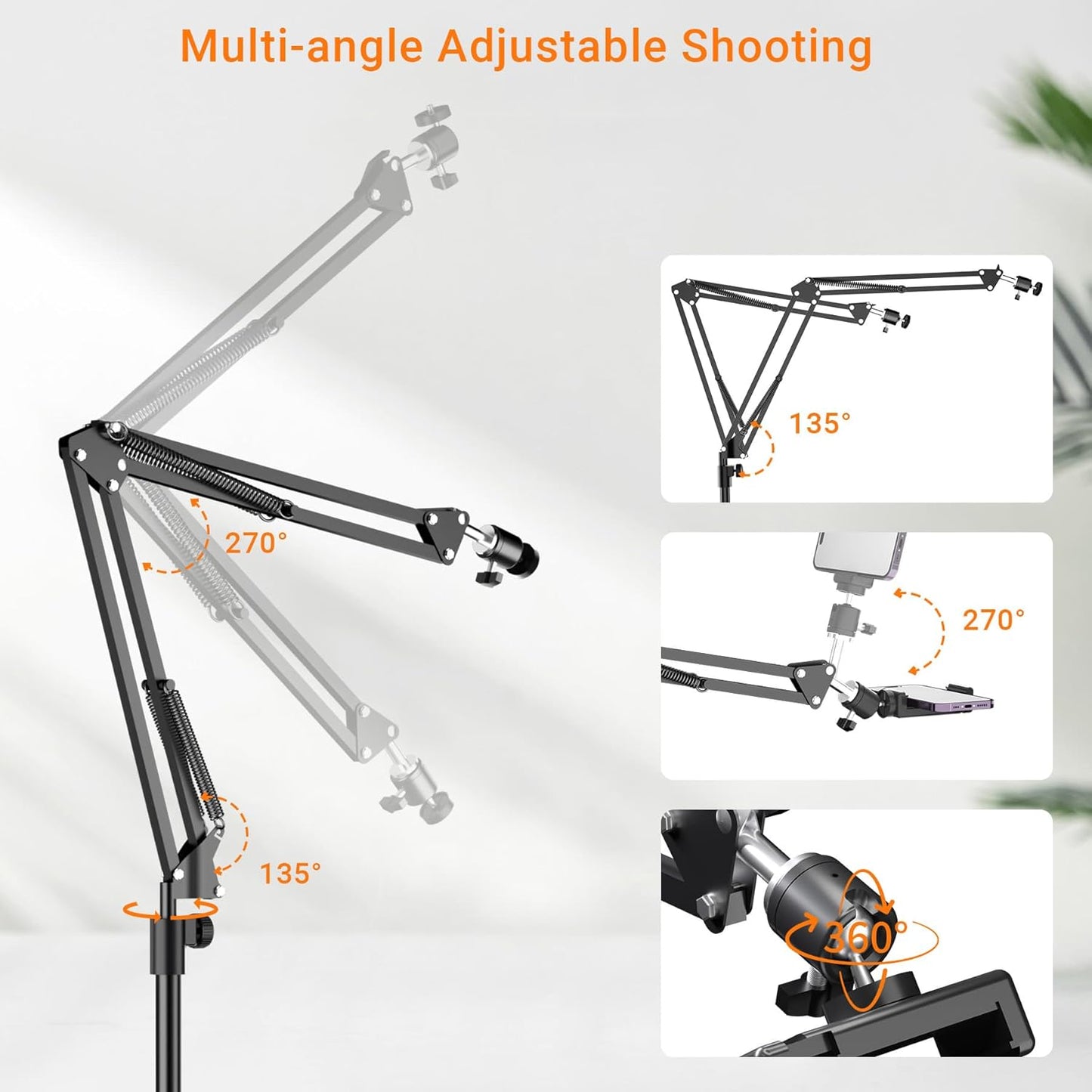 Tall Overhead Camera Mount, High Desk Phone Tripod Mount for Video Recording, Content Creator Essential Compatible with iPhone Compact Cam for Live/YouTube/TikTok