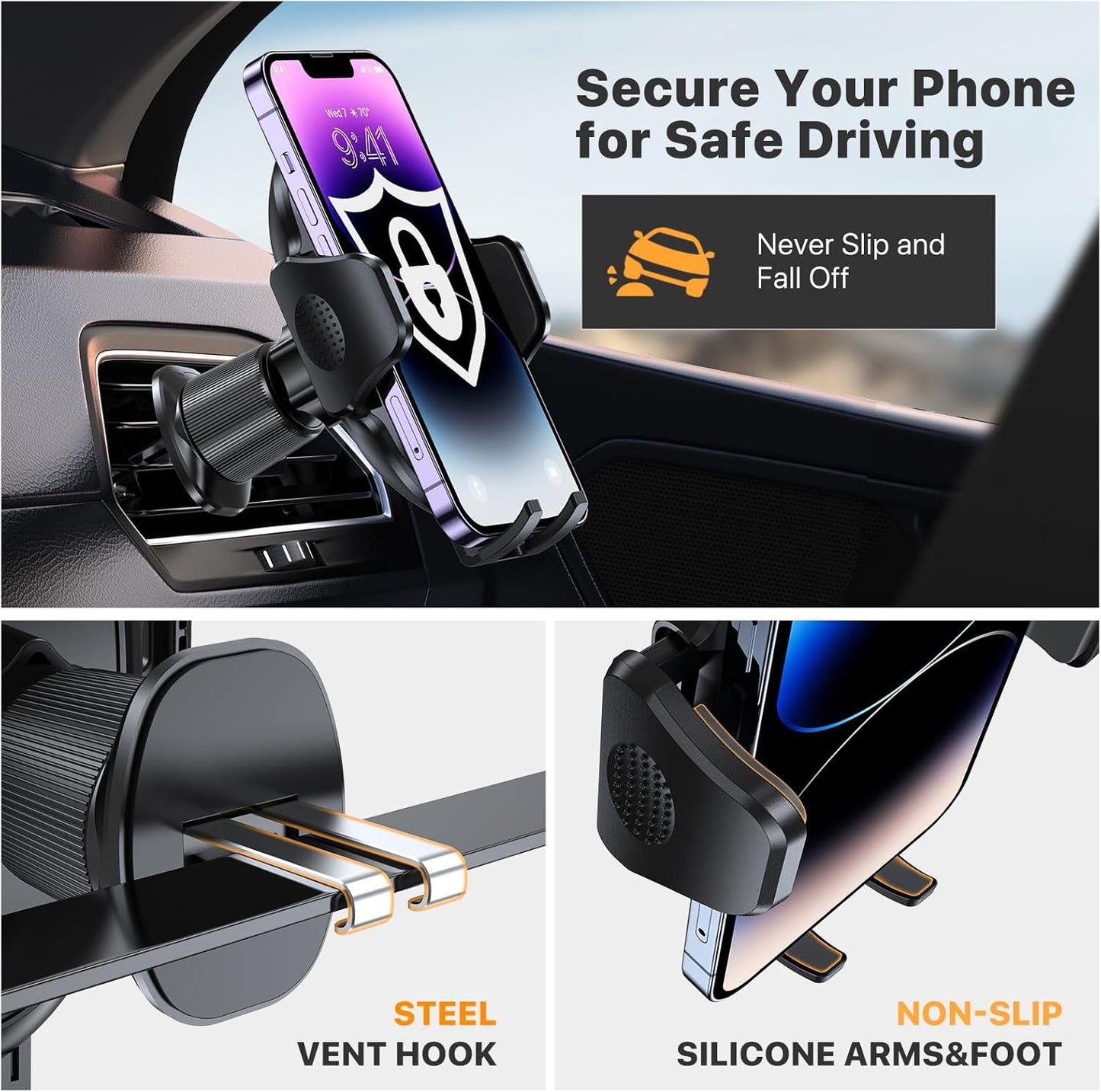 Miracase Phone Holders for Your Car with Metal Hook Clip, Air Vent Cell Phone Stand Car Mount, Universal Automobile Cradle Fit for iPhone Android and All Smartphones, Dark Black