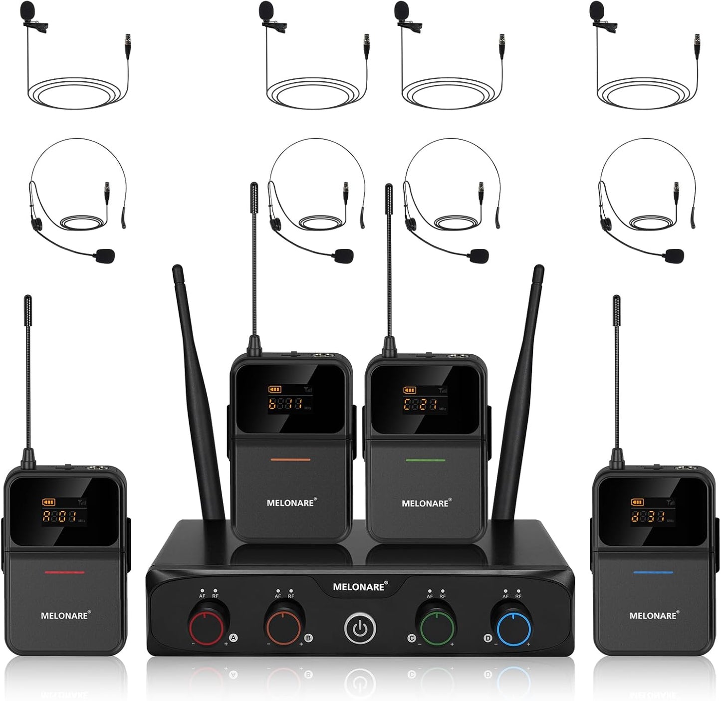 4-Channel Wireless Microphone System,UHF Compact Cordless Mic Set w/ 4x10 Frequencies, 200ft Range, 4 Bodypacks & Headset/Lapel Microphones for Singing, Church, Conference (MWM-41-4B)