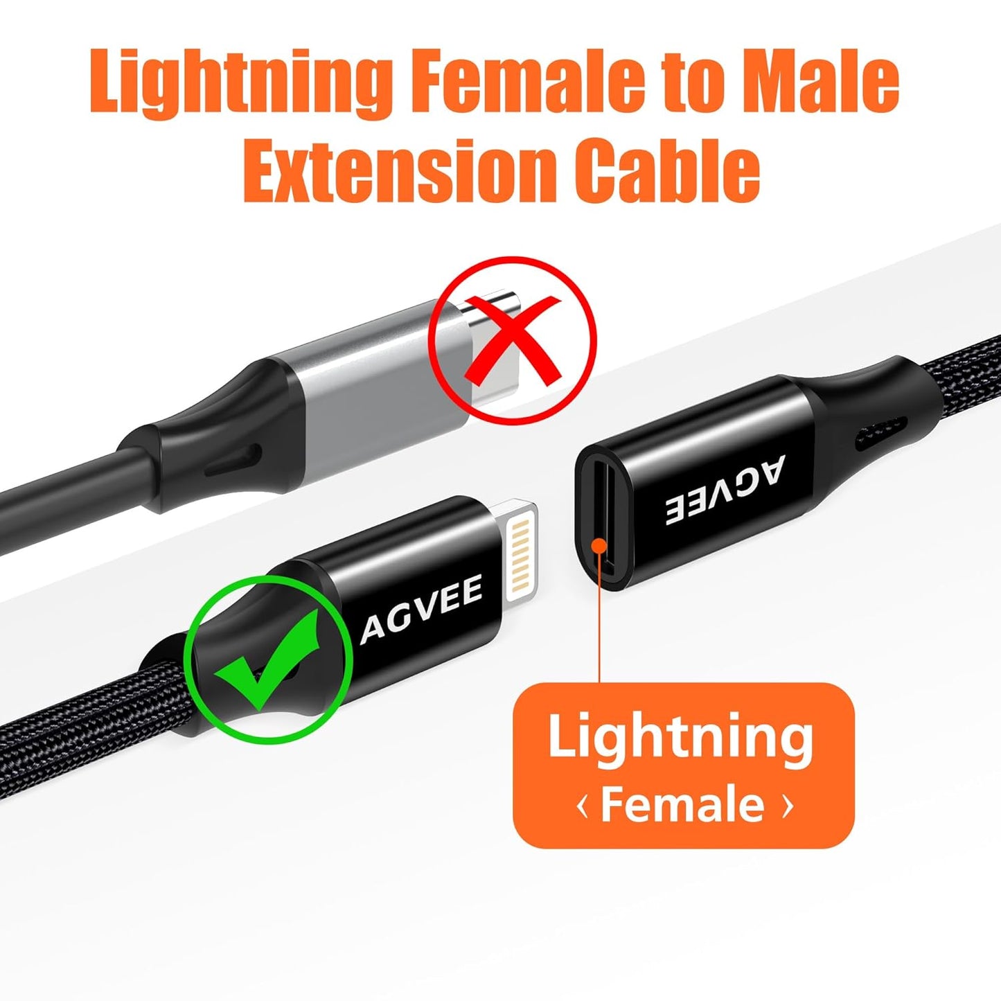 AGVEE 4 inch Lightning Extension Cable, Braided Female to Male Extender Full Function Cord Compatible with iPhone iPad, Data Sync Video Audio & Charging Connector Adapter, Black