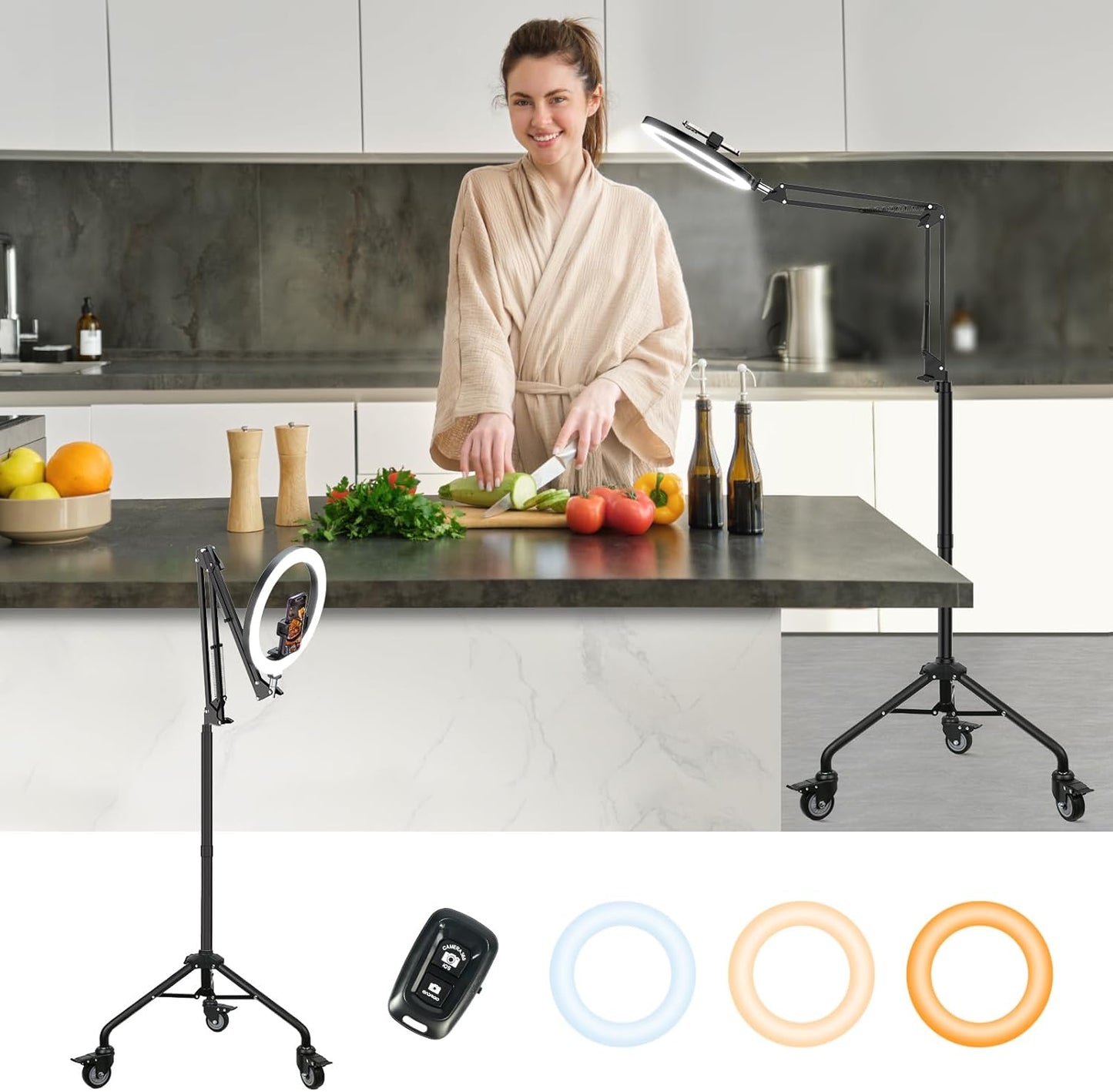 LUXSURE Ring Light Tripod for iPhone, Overhead Camera Mount with Casters,LED Ring Light with Stand and Phone Holder,Phone Tripod with Light for Video Recording/Live Streaming/Cooking