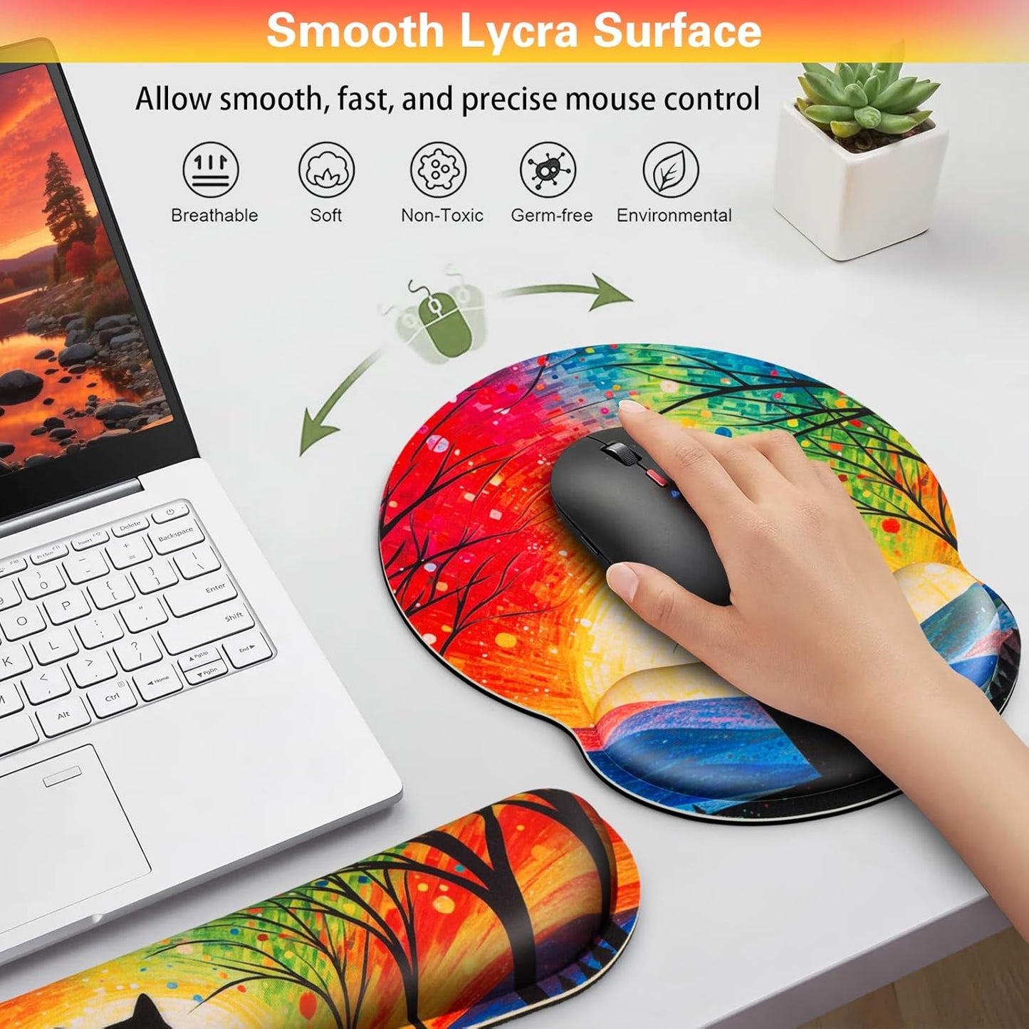 Mouse Pad with Wrist Rest Cute Black Cat Set,Qomolama 3-in-1 Wrist Support Mouse Pad Set,Gaming Mousepad with Anti-Skid Base,Ergonomic Mouse Pad,Memory Foam Keyboard Gel Wrist Rest Anime