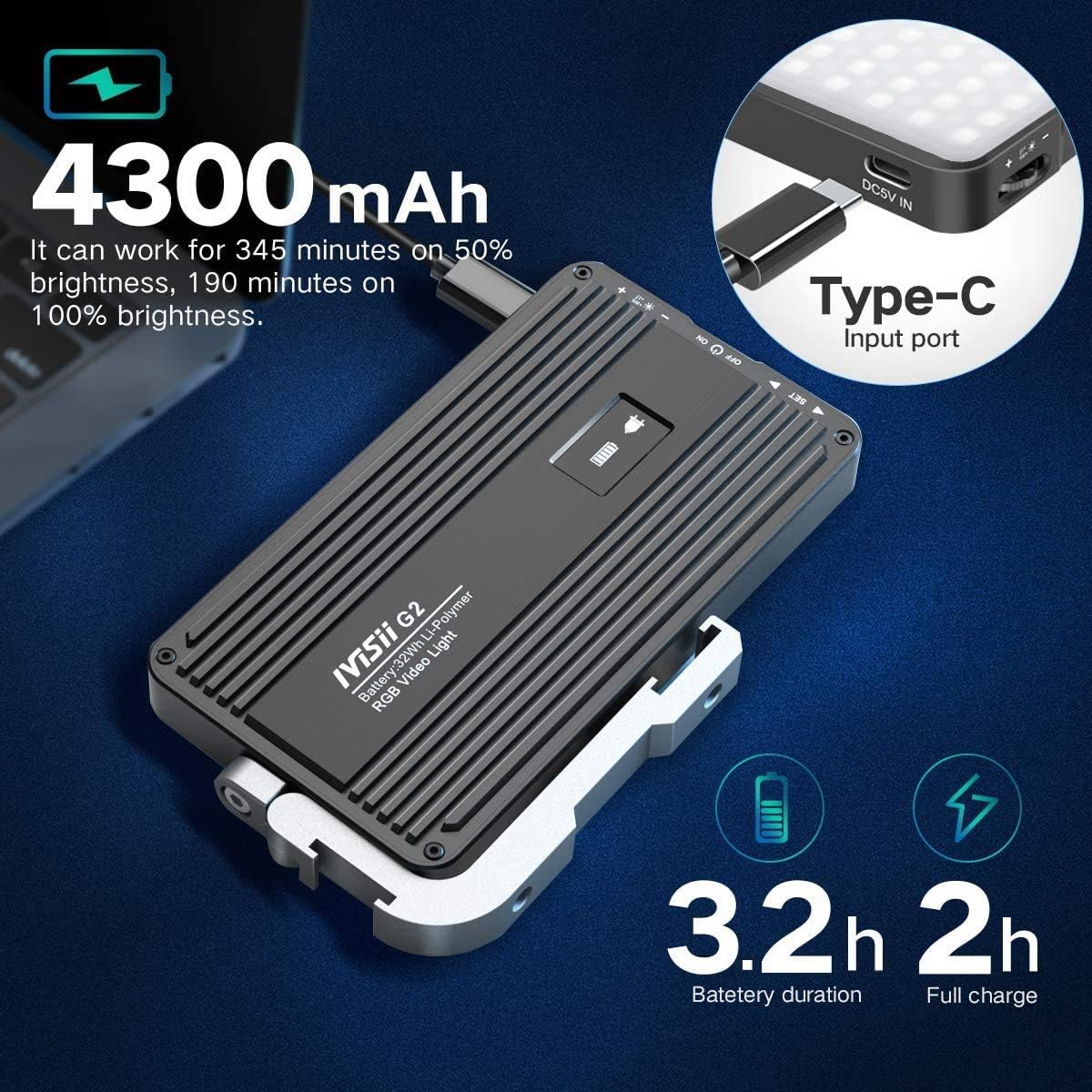 G2 RGB Portable On Camera Light, Built-in 4300mAh Lithium Battery Video Conference Lighting, 2600-10000K 12W Full Color LED Light Panel for Photography, Studio, Wedding Shooting