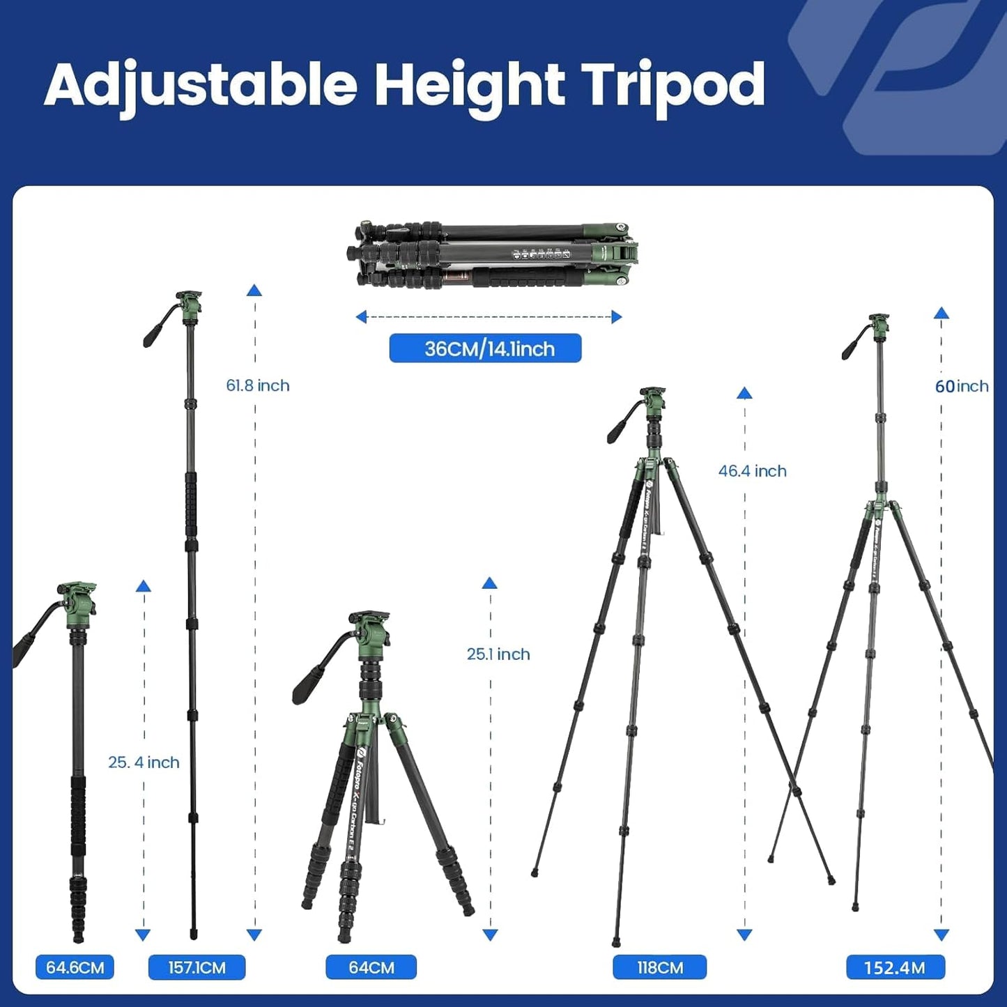 Fotopro 59" Carbon Fiber Travel Tripod, Compact Video Tripods with Fluid Head, Detachable Monopod with Quick Release Plate and Bag, Camera Tripod Load up to 8KG/17.63lbs, Green