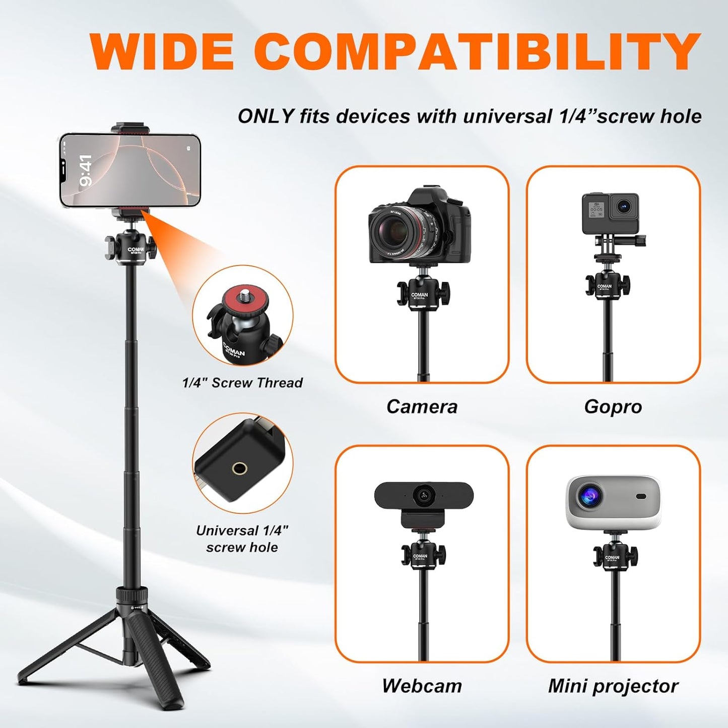 COMAN MT30-Pro Extendable Phone Tripod, 61cm Cell Phone Tripod Stand for iPhone with 360° Ball Head, Selfie Stick Vlog Stand with Remote, Tripod for iPhone 16/15/14/13/12 Pro Max/Android, Black