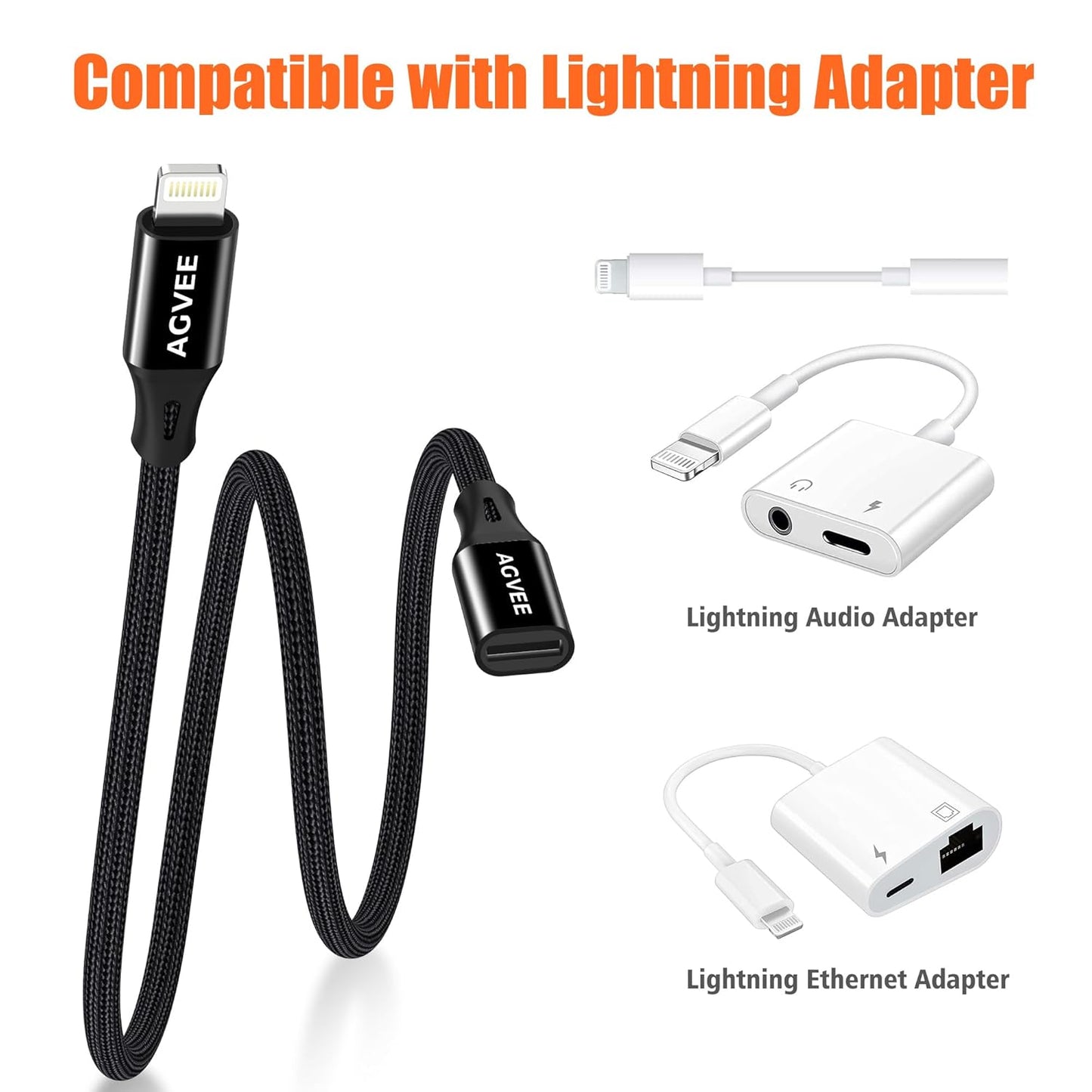 AGVEE 4 inch Lightning Extension Cable, Braided Female to Male Extender Full Function Cord Compatible with iPhone iPad, Data Sync Video Audio & Charging Connector Adapter, Black