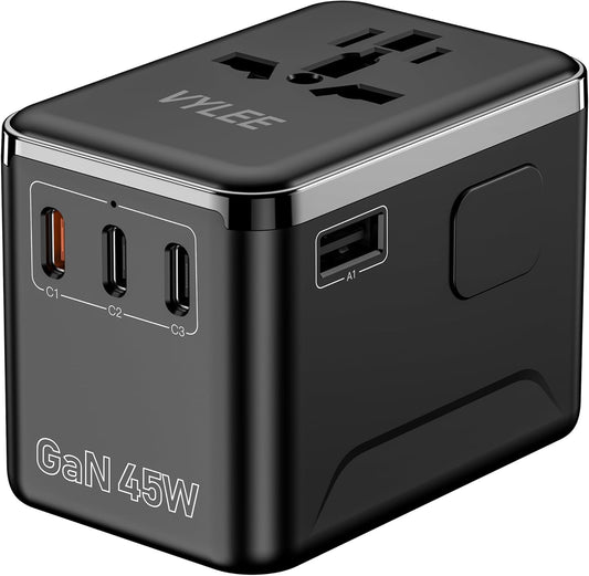 Universal Travel Adapter, VYLEE 45W International Plug Adapter with PD Fast Charging, 5-Port (1 AC/1 USB-A/3 USB-C), Wall Charger Worldwide Travel Essentials Plug for USA EU UK AUS Japan (Black)