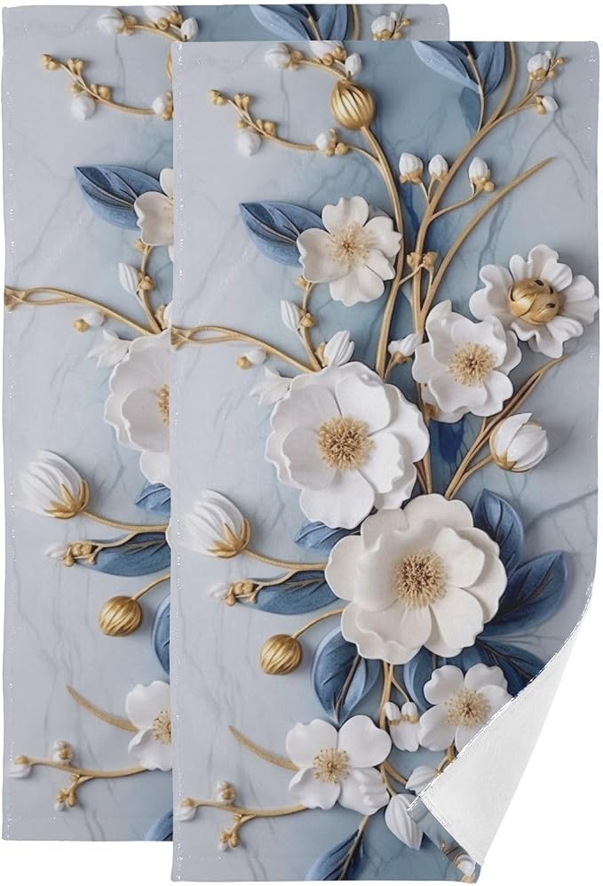Vintage 3D Floral Hand Towels for Bathroom Set of 2, Decorative White Blue by Unknown