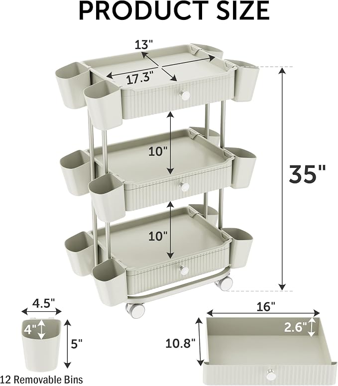 3 Tier Drawer Beauty Cart with 12 Movable Storage Organizer, Thickened ABS & - Image 2