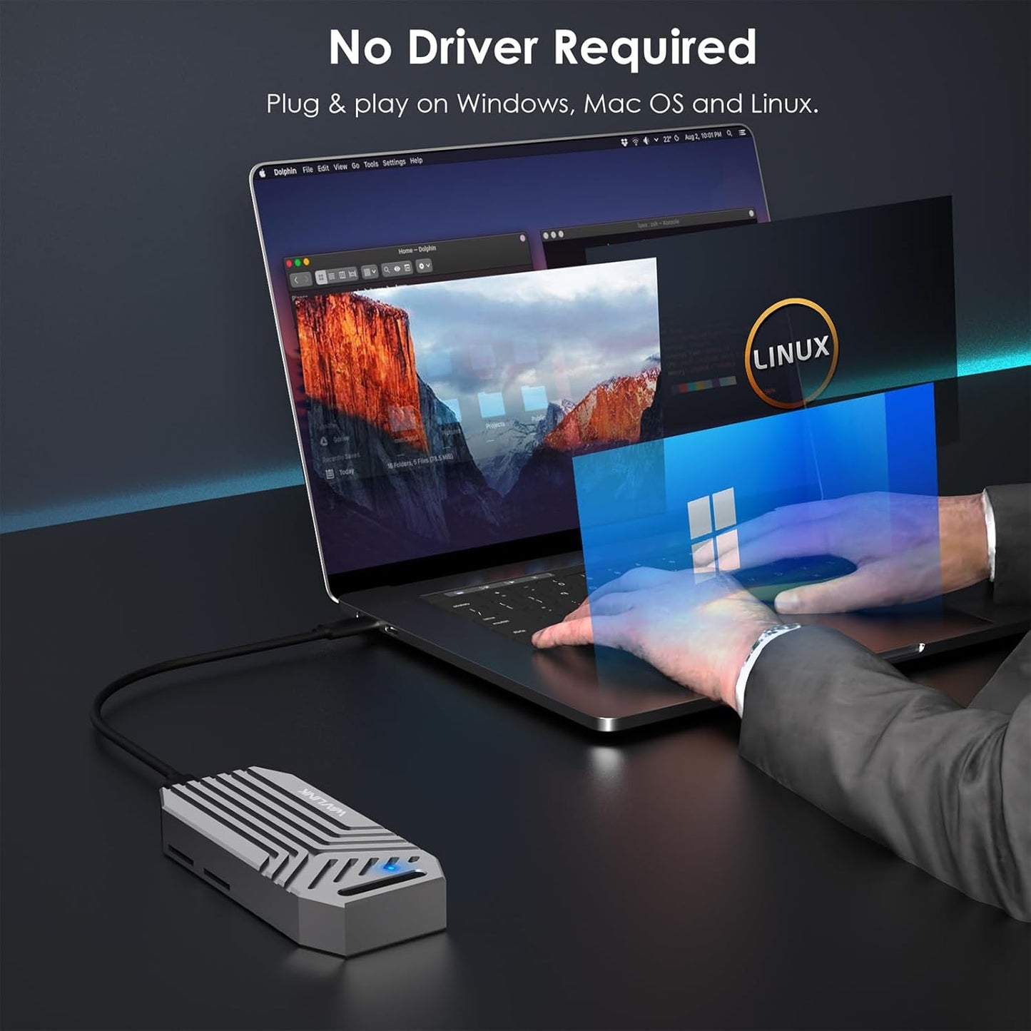 WAVLINK 40Gbps PCIe NVMe SSD Enclosure, USB4 External M.2 NVMe SSD Enclosure, for B+M/M-Key PCIe SSD 2280 Size, Tool-Free Installation, Compatible with Thunderbolt 4/3/USB4/USB C, SSD Not Include