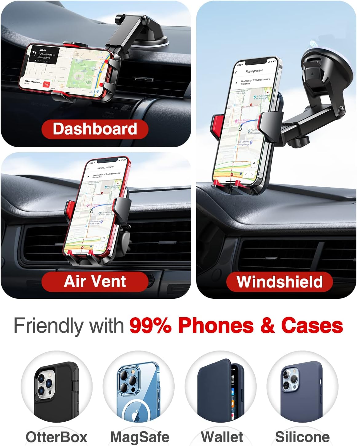 VANMASS 【2025 Strongest & Military-Grade Car Phone Mount 【Patent & Safety】 Ultimate Cell Phone Holder Best Handsfree Stand for Dash Windshield Vent for iPhone 16 Pro Max 15 14 Android & Truck, Red