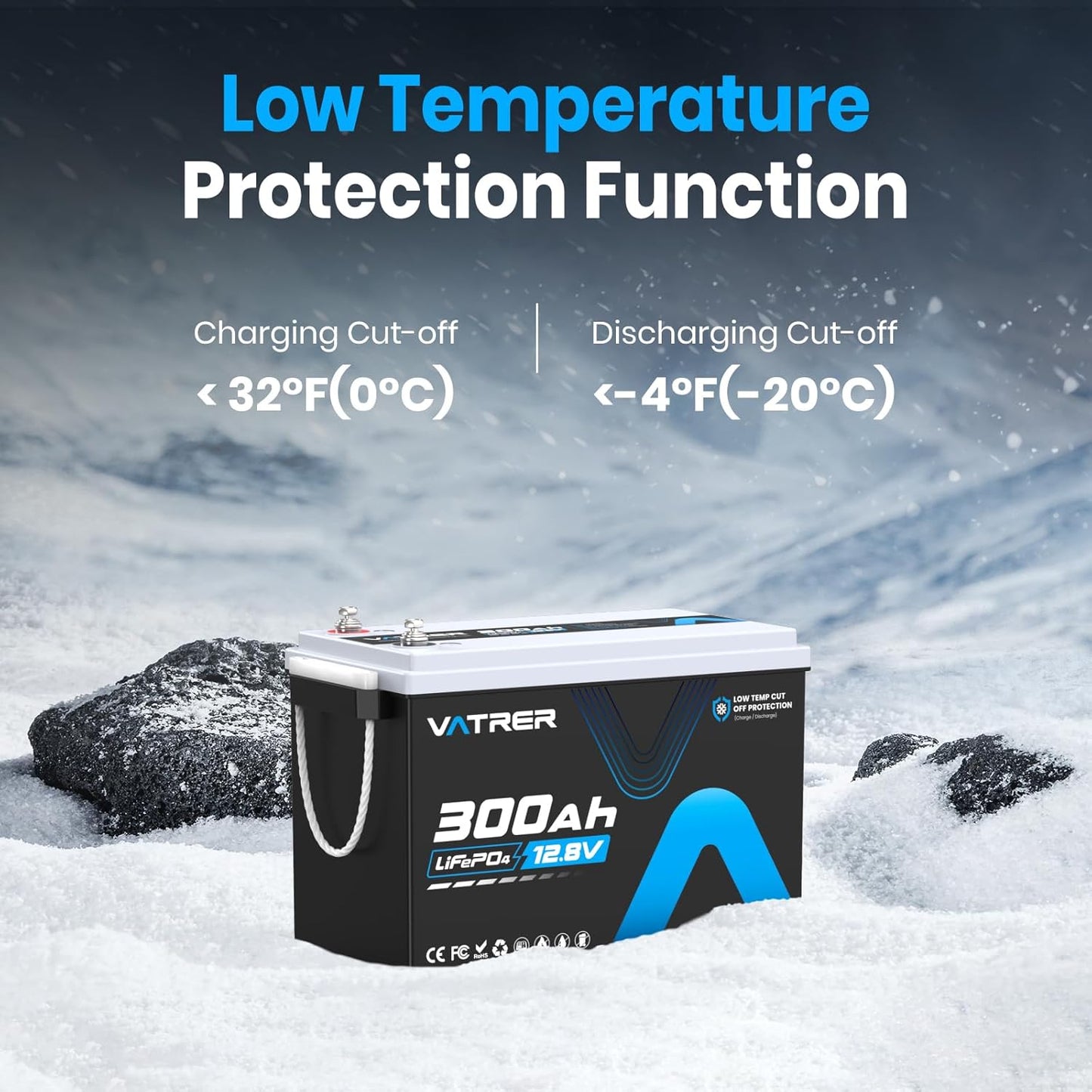 12V 300AH Low Temp Cutoff LiFePO4 Battery, Built in 200A BMS, Max 2560W Power Output, 5000+ Cycles Rechargeable Lithium Deep Cycle Battery, Perfect for RV/Camper, Backup Power, Solar and Off Grid